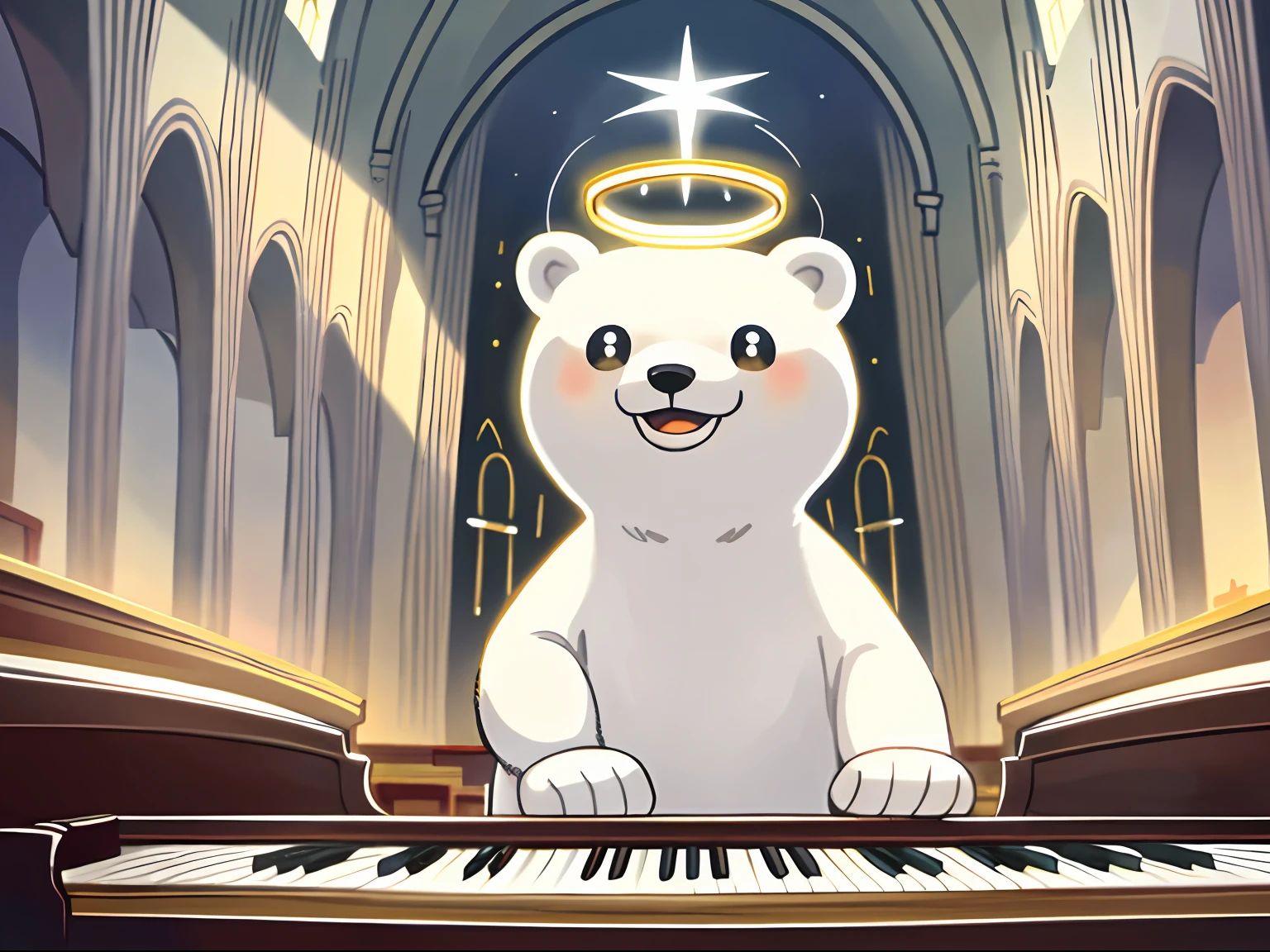 Masterpiece, Best quality, Cute polar bear, Playing the piano, god light, rays of sunshine, inside a church, Big smile, solofocus,Halo, Aura,