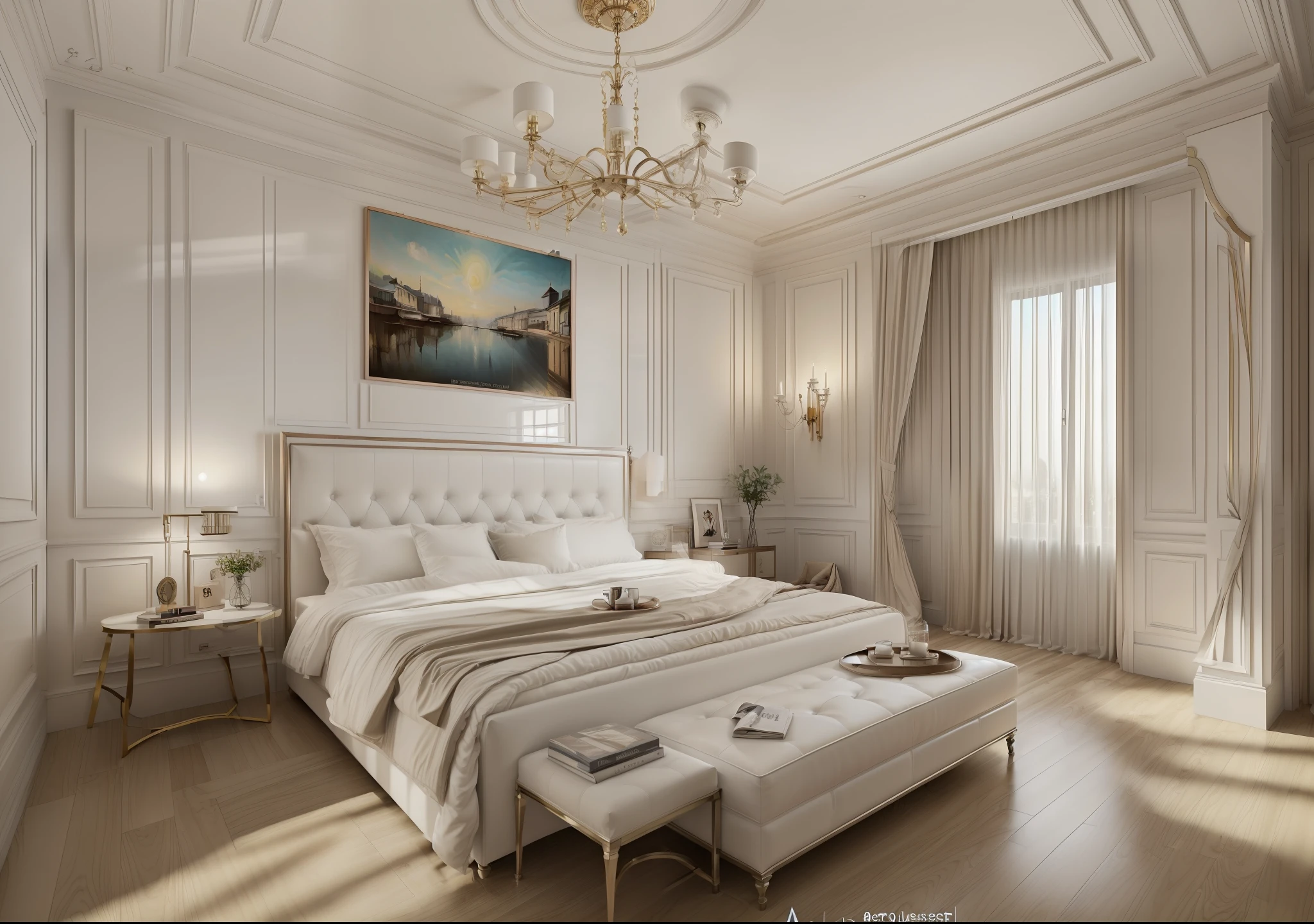 ((Best quality, 8k, Masterpiece :1.3)), bedrooom design, classical motif furniture, flat plaster ceiling , glossy white wall panel, wood floor, day light,( 3/4 . angle:1.4)), ((1 minimalist poster), flat celling, (whiten tone), warm tone