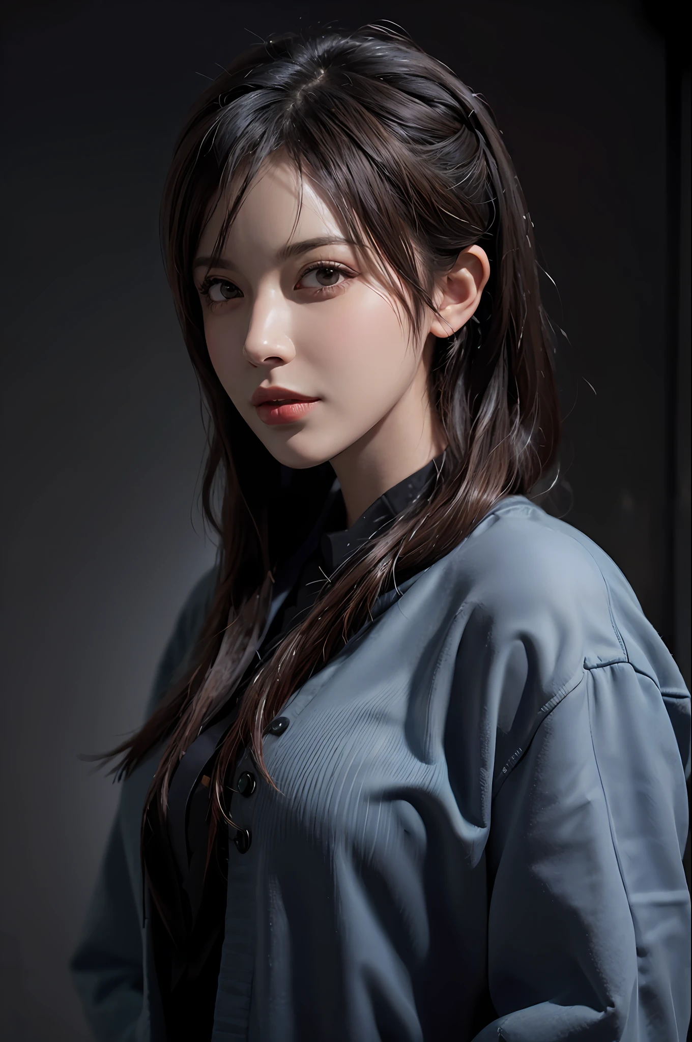 Hyperrealist portrait of female by david hockney and alphonse mucha,fantasy art, photo realistic, dynamic lighting, artstation, poster, volumetric lighting, very detailed faces, 4 k, award winning,, 1girl, in the dark, deep shadow, low key,cowboy shot,(official clothing:1.4) ,long hair,white hair,