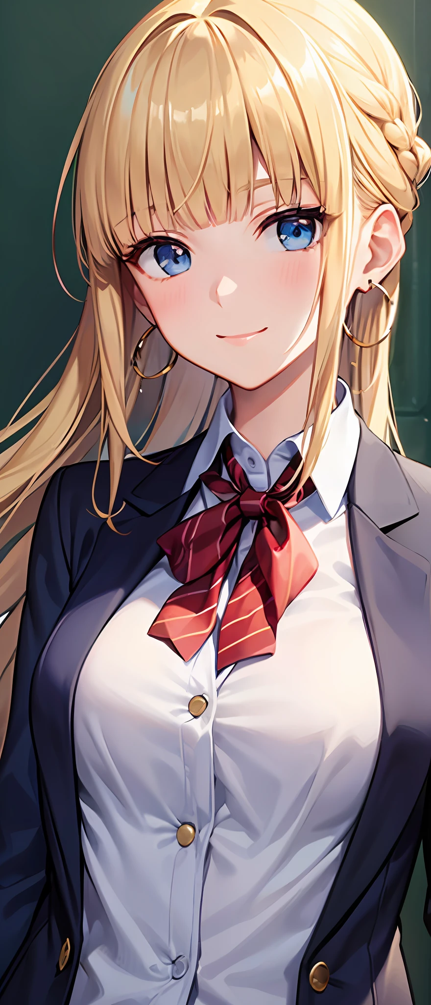 best quality,masterpiece,shiny blonde,blue eyes,school uniform, look down on, upper body,hair strand,Fair skin,french braid,smile,blunt bangs,hoop earrings,gladient hair,left sideburn is longer than right one,front view of the body,navy blue blazer,loosen clothing around the neck
