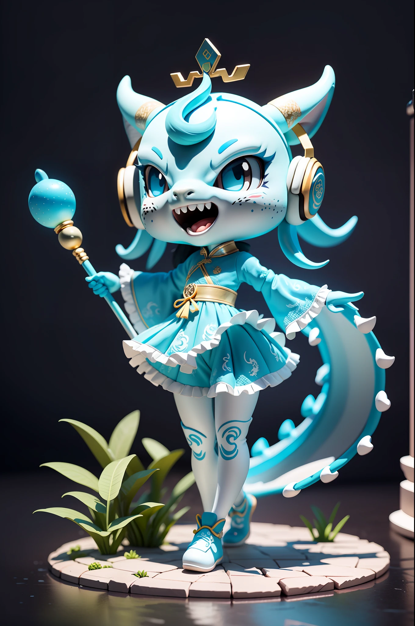 (Masterpiece), (Excellent), (Ultra Detailed), (Full Body: 1.2), (Solitary), Cyan Theme, Chinese Dragon Magician, Exquisite Chinese Dragon Head Head, Dragon Horn, Dragon Whisker, Cute, Open Mouth, Smile, Headphones, Dragon Scales, Staff, Popmart Blind Box, Clay Texture, Stepping on Earth, Black and White Background, Natural Light, Best Quality, Ultra Detail, 3D Art, C4D, OC Renderer, 3D Rendering, 8K