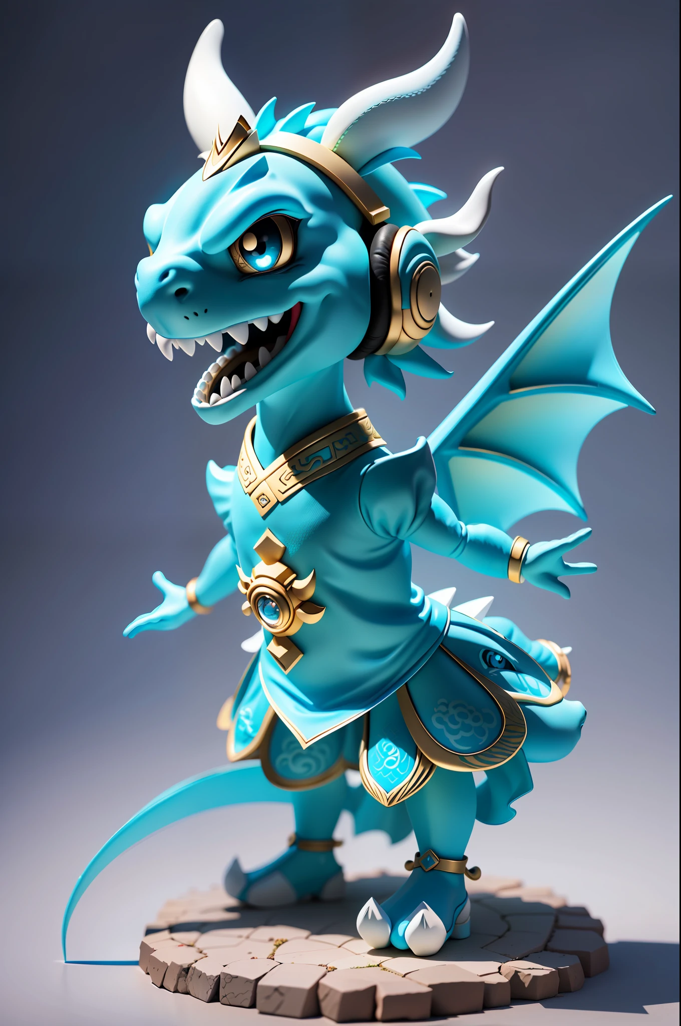 (Masterpiece), (Excellent), (Ultra Detailed), (Full Body: 1.2), (Solitary), Cyan Theme, Chinese Dragon Magician, Exquisite Chinese Dragon Head Head, Dragon Horn, Dragon Whisker, Cute, Open Mouth, Smile, Headphones, Dragon Scales, Staff, Popmart Blind Box, Clay Texture, Stepping on Earth, Black and White Background, Natural Light, Best Quality, Ultra Detail, 3D Art, C4D, OC Renderer, 3D Rendering, 8K