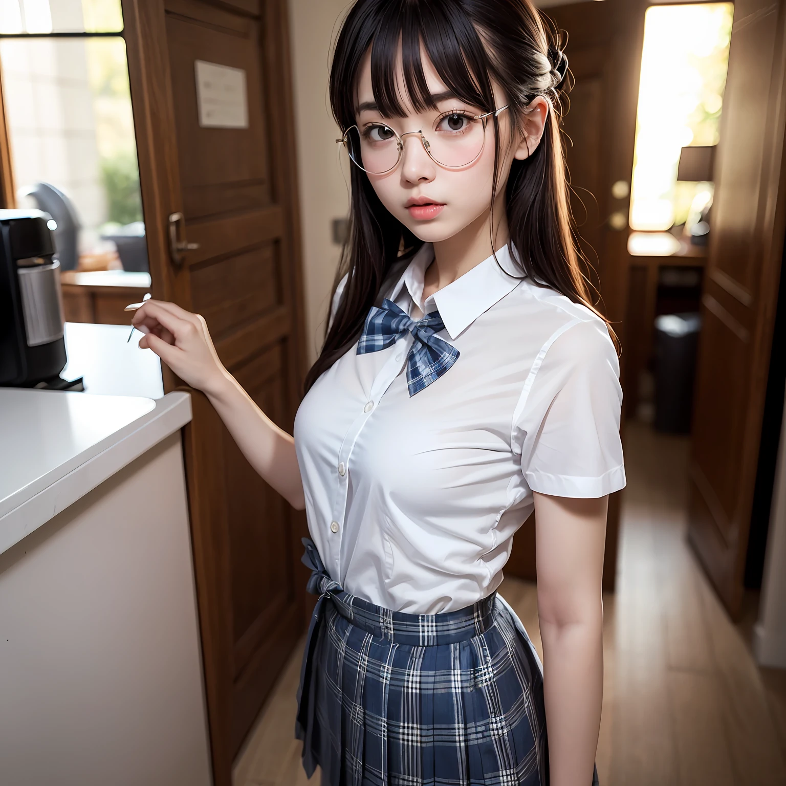 （8K、Raw photography、top-quality、​masterpiece：1.2),Small face,Parting the bangs from the middle、Forehead visible,(Tight eyes,Bullish,skinny,Rasping,irate,small tits,flat breast)、​masterpiece,top-quality、超A high resolution,Raw photo,ren,Beautiful fece,One Person, 独奏,eye glass,,Dark look,Small breasts,fullllbody,Round glasses、cute little、A Japanese Lady,is standing,(Tight eyes,Bullish,skinny,Rasping,irate,small tits,flat breast)、（Photorealsitic：1.37）、Photon mapping,Light blue ribbon,Realistic、Cute little face,Brown-eyed、Black socks、(Red bow tie)、Radio City、Physically Based Rendering、Foreground、depth of fields、Blurry background、a picture,The girls、Body, Long legs, Thin leg, poneyTail,(Bangs are visible), hair, s lips, Blue_The eye, nosesoft,  Light blue bra shows through,White shirt, Navy blue and white plaid pleated skirt, Sheer clothing,, Thigh, Black cotton socks,Nogizaka Idol, 女優, Japanese ido