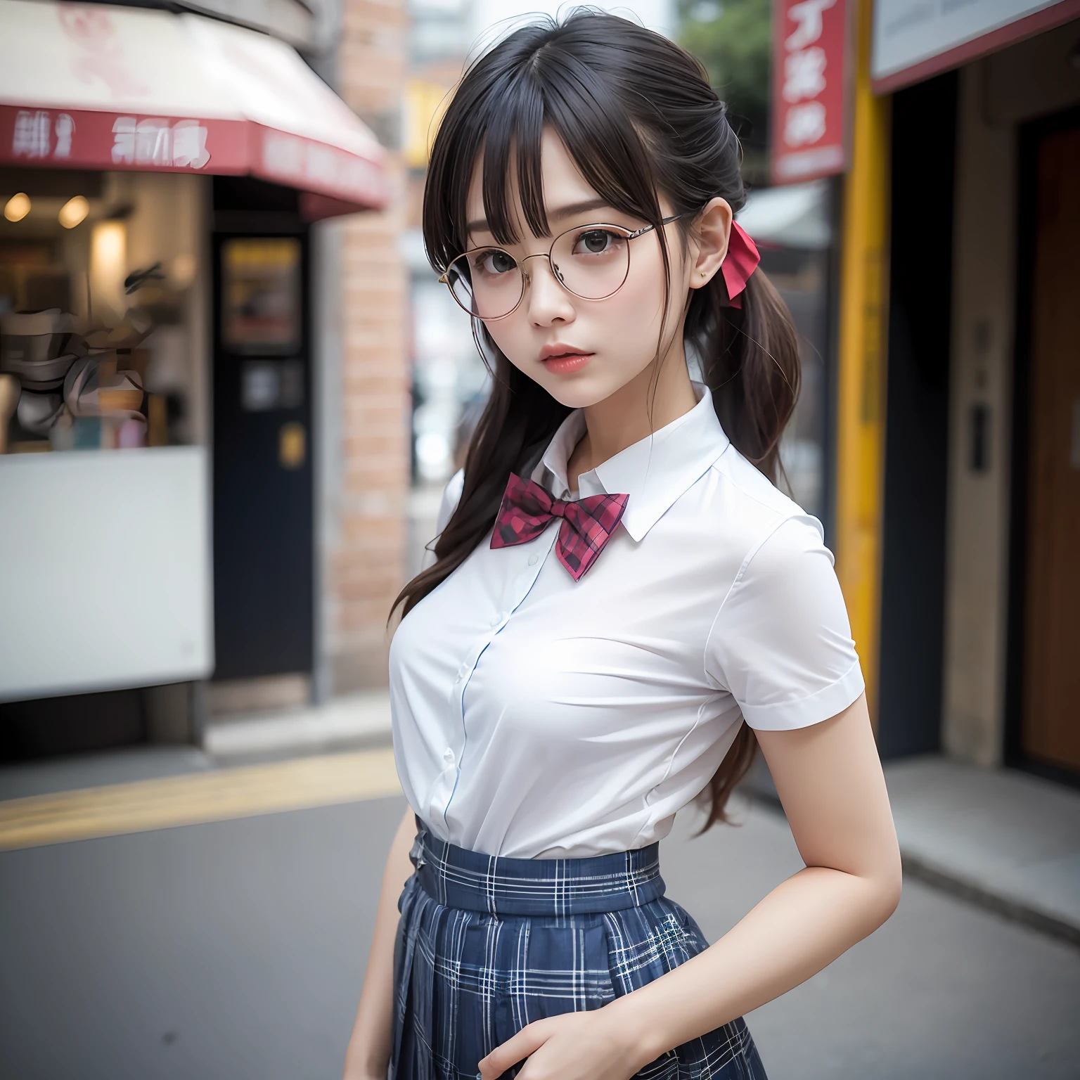 (8K、Raw photography、top-quality、masterpiece:1.2),Small face,Parting the bangs from the middle、Forehead visible,(Tight eyes,Bullish,skinny,Rasping,irate,small tits,flat breast)、masterpiece,top-quality、超A high resolution,Raw photo,ren,Beautiful fece,One Person, 独奏,eye glass,,Dark look,Small breasts,fullllbody,Round glasses、cute little、A Japanese Lady,is standing,(Tight eyes,Bullish,skinny,Rasping,irate,small tits,flat breast)、(Photorealsitic:1.37)、Photon mapping,Light blue ribbon,Realistic、Cute little face,Brown-eyed、Black socks、(Red bow tie)、Radio City、Physically Based Rendering、Foreground、depth of fields、Blurry background、a picture,The girls、Body, Long legs, Thin leg, poneyTail,(Bangs are visible), hair, s lips, Blue_The eye, nosesoft, Light blue bra shows through,White shirt, Navy blue and white plaid pleated skirt, Sheer clothing,, Thigh, Black cotton socks,Nogizaka Idol, 女優, Japanese ido