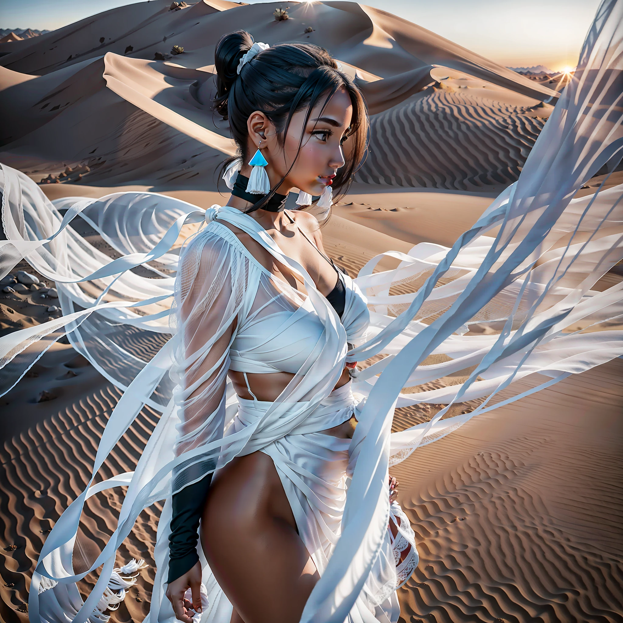 younger female，Black ponytail，Wearing white yarn，hands unfolded，The white gauze spreads out like wings，In the sunset desert，Side view,full lenght shot,photo-realistic, Soft shadows, no contrast,clean sharp focus,Shorten Sony A7IV, Sigma 24 mm FL.4, filmgrain, natural  lightting,Professional color grading - AR 3:4