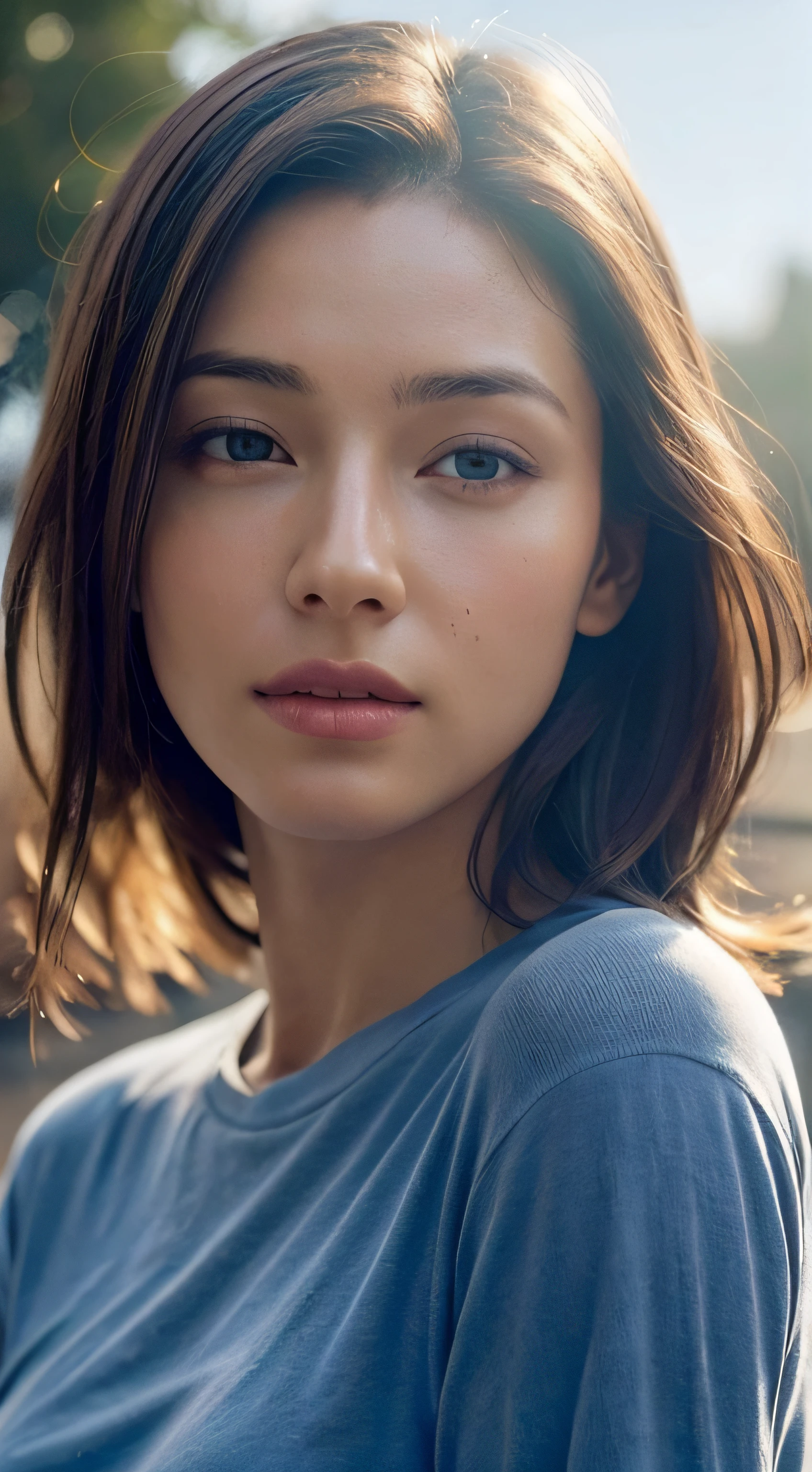 dressed, (photo realistic:1.4), (hyper realistic:1.4), (realistic:1.3), (smoother lighting:1.05), (increase cinematic lighting quality:0.9), 32K, 1girl,20yo girl, realistic lighting, backlighting, light on face, ray trace, (brightening light:1.2), (Increase quality:1.4), (best quality real texture skin:1.4), finely detailed eyes, finely detailed face, finely quality eyes, (tired and sleepy and satisfied:0.0), face closeup, t-shirts, (Increase body line mood:1.1), (Increase skin texture beauty:1.1)