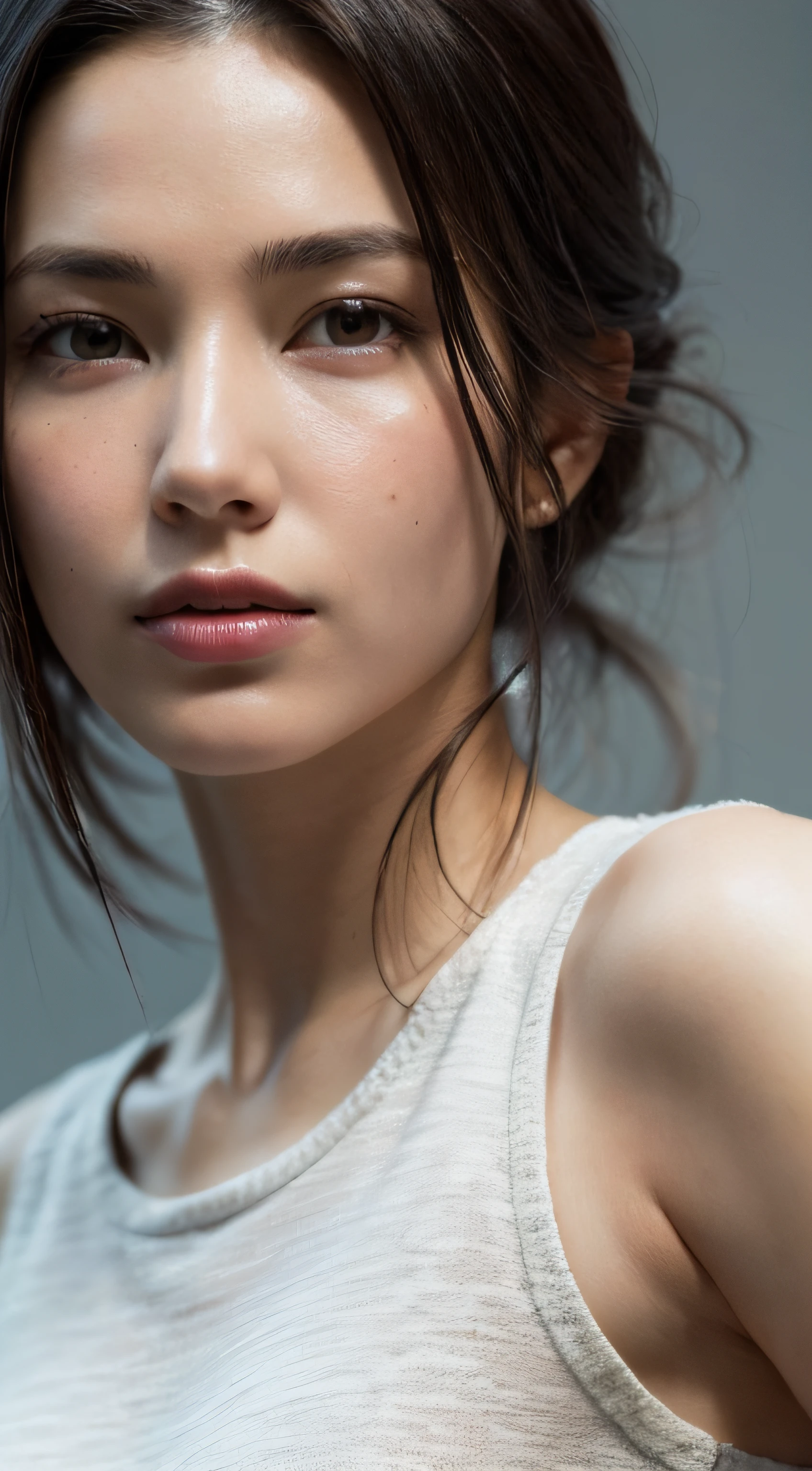 dressed, (photo realistic:1.4), (hyper realistic:1.4), (realistic:1.3), (smoother lighting:1.05), (increase cinematic lighting quality:0.9), 32K, 1girl,20yo girl, realistic lighting, backlighting, light on face, ray trace, (brightening light:1.2), (Increase quality:1.4), (best quality real texture skin:1.4), finely detailed eyes, finely detailed face, finely quality eyes, (tired and sleepy and satisfied:0.0), face closeup, t-shirts, (Increase body line mood:1.1), (Increase skin texture beauty:1.1)