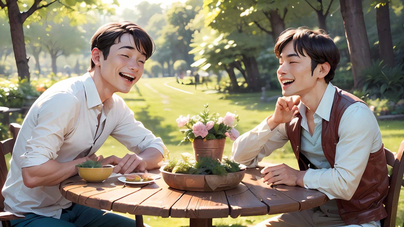(Table diffusion:1.5),(best qualtiy),(Solo),(2 men),(Smiling),(Laughter),(Outdoors),(blissful),(Joyful),(vibrant),(Sunnyday),(Greenery),(Face of pleasure),(blissful),(carefree)