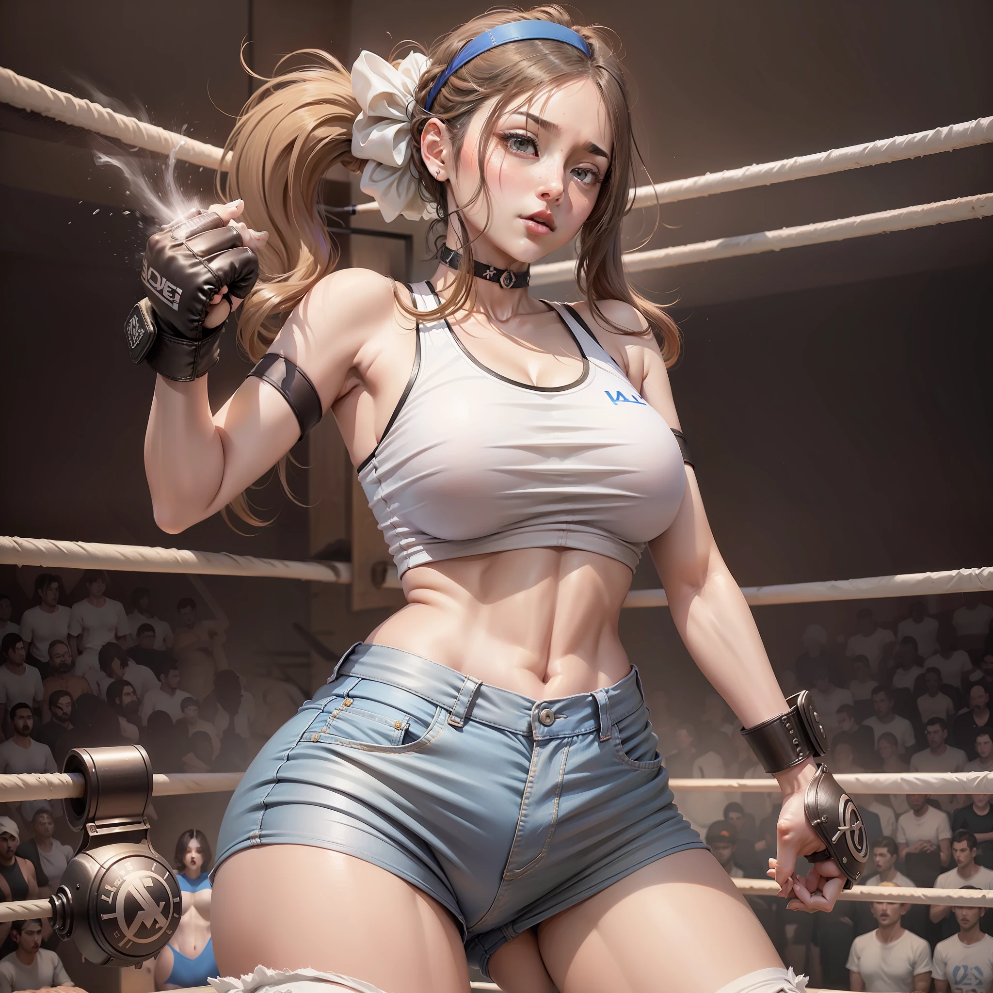 Closet up mulher japonesa sedutora sexy lutadora de luta livre profissional usando luvas de mma, com seios grandes corpo definido, cabelo castanhos, wearing a white sports top and light jean shorts wearing elbow pads on his right arm, Scenery of a wrestling ring, Estilo realista de arte) (imagem de alta qualidade