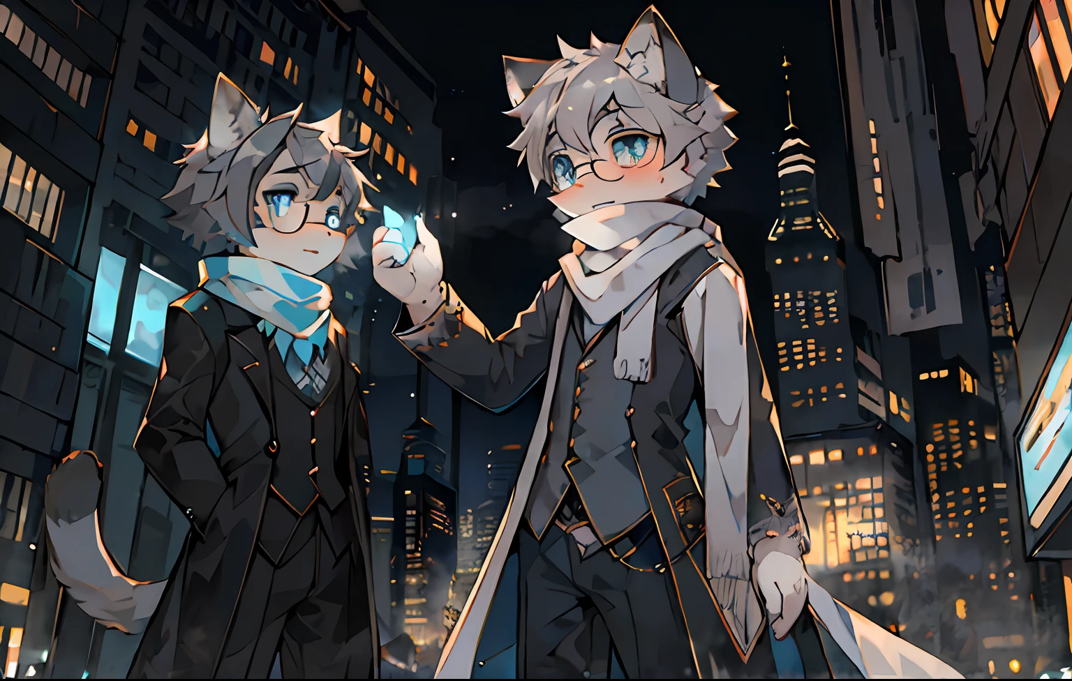 Highest quality, delicate painting style, delicate hook line, masterpiece, delicate skin, delicate hair, complete painting, masterpiece, delicate hands, delicate eyes, normal eyes, gray cat ears, furry, gray hair, black framed round glasses, blue eyes, cute, handsome, ((white scarf)), cat style, Shota, cyberpunk, blue pupils, city night view, gray hair, bangs, gray crystal wings, mottled light and shadow, steampunk, short hair, boys, bright eyes with God. , Crystal Shards in the Air, City, ((Battle Stance))