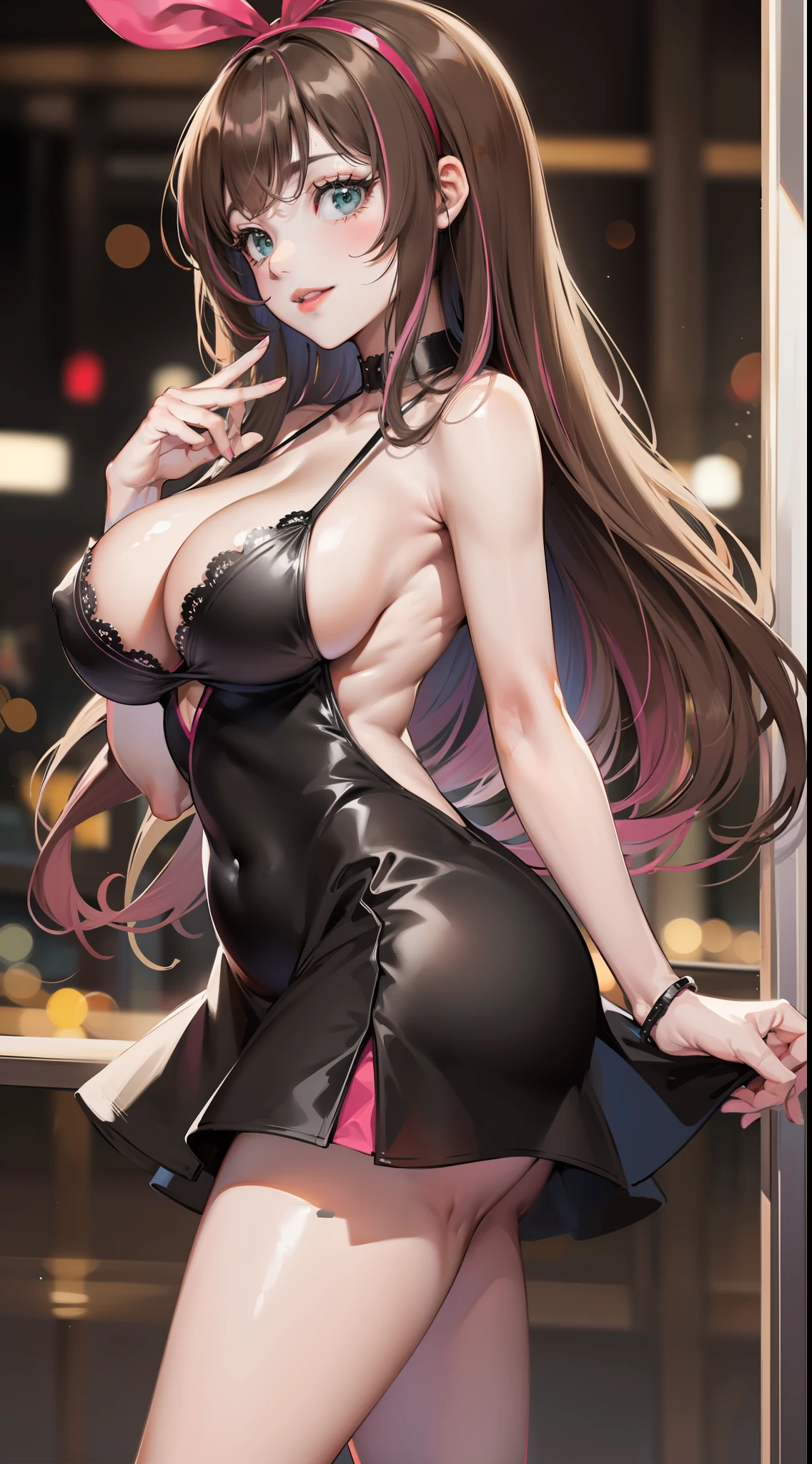 (Best quality, 8k, 32k, Masterpiece, UHD:1.2), kizuna ai, huge breasts,long hair, brown hair, multicolored hair, hair tied, pink hairband, pink highlights, streaked hair, smiling, party dress, no bra, backless dress, cleavage, hand bag, high heels, sleeveless dress, bar, night club , bare thighs, thick thighs, black dress