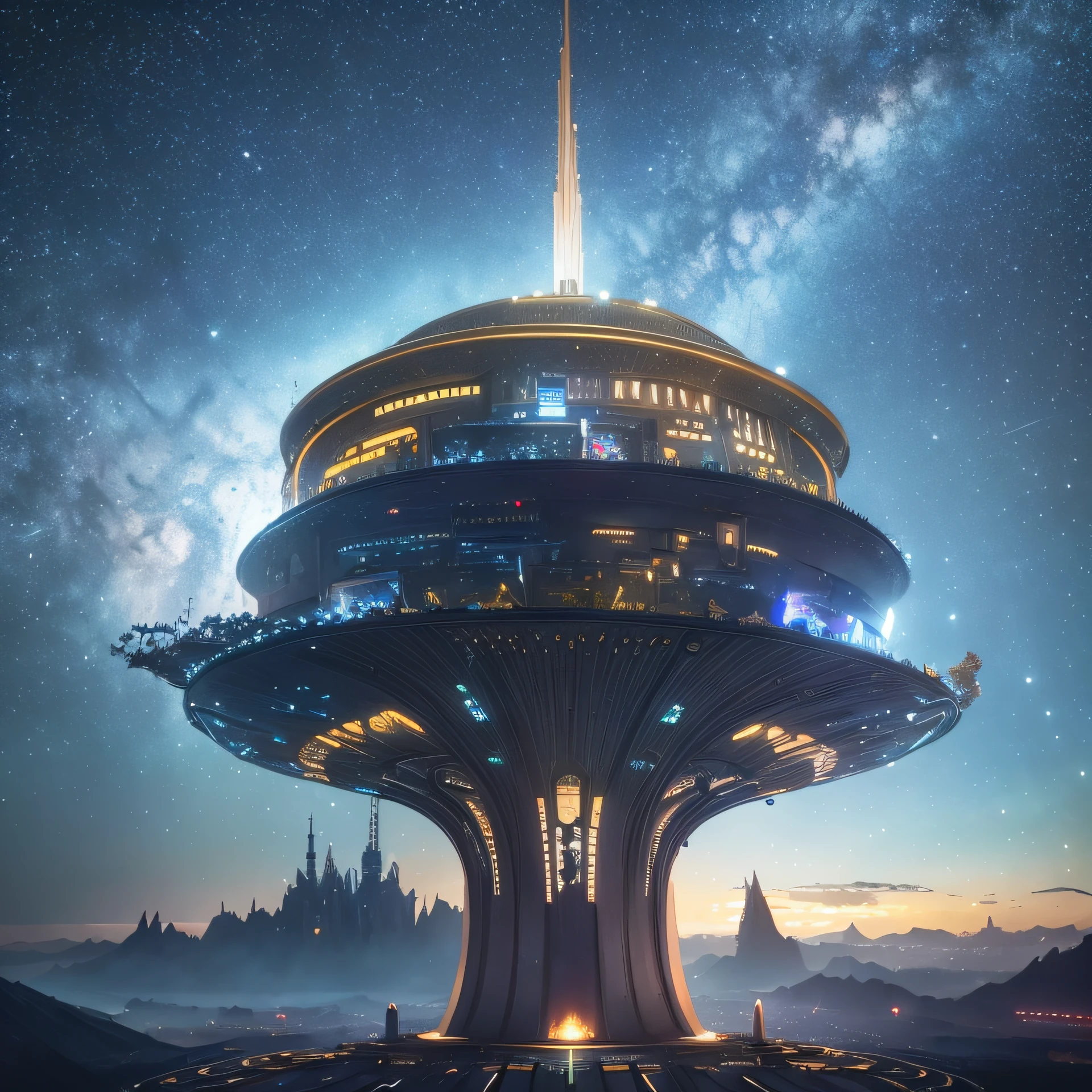 Starry sky and distant fantasy cities and planets with towers, epic fantasy sci fi illustration, fantasy planet, arstation and beeple highly, Fantasy space, fantasy scifi, epic scifi fantasy art, epic dreamlike fantasy landscape, ethereal starlit city at sunset, impressive fantasy landscape, Sci-fi fantasy wallpaper, epic beautiful space scifi, Fantasy Sci-Fi - Fantasy --auto