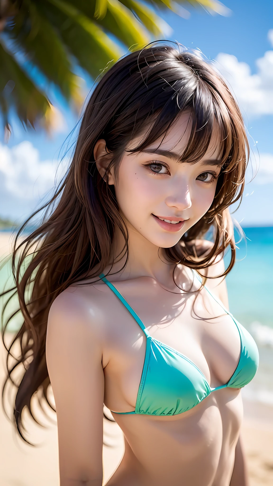 ((top-quality、Top image quality、超A high resolution))、(1 girl in、独奏)、Beautiful girl walking on the beach、blue open sky、18year old、small tits、A-cup、flat breast、a small face、with round face、Neat and clean girl、childlike、kindly smile 、Cute  girl s、brawn hair、Ultra-detailed and beautiful skin、Realistic and beautiful skin、Sandy beach in the background、Tiny micro bikini in pastel colors、Super detailed and beautiful face