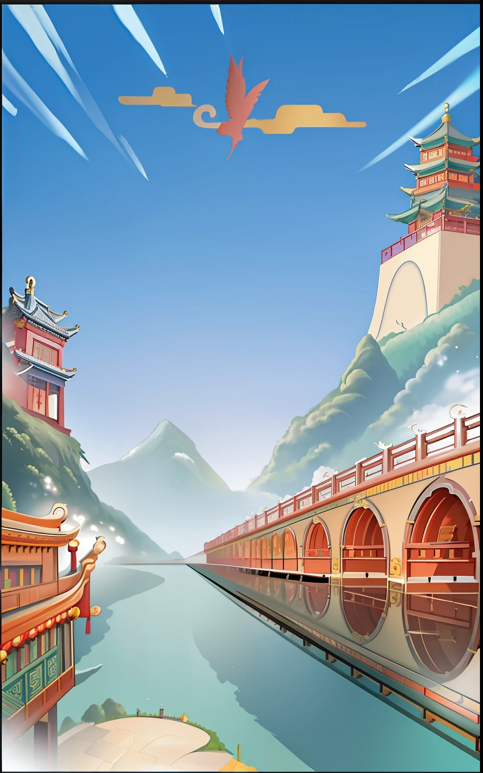 There is a painting of a bridge and a bird, Mobile game background, town background, arte de fundo, Temple background, background artwork, G Liulian art style, game background, random background scene, Anime background art, palace background, artwork in the style of z.Show on the. gu, anime backgrounds, background depicting a temple, dreamy Chinese towns