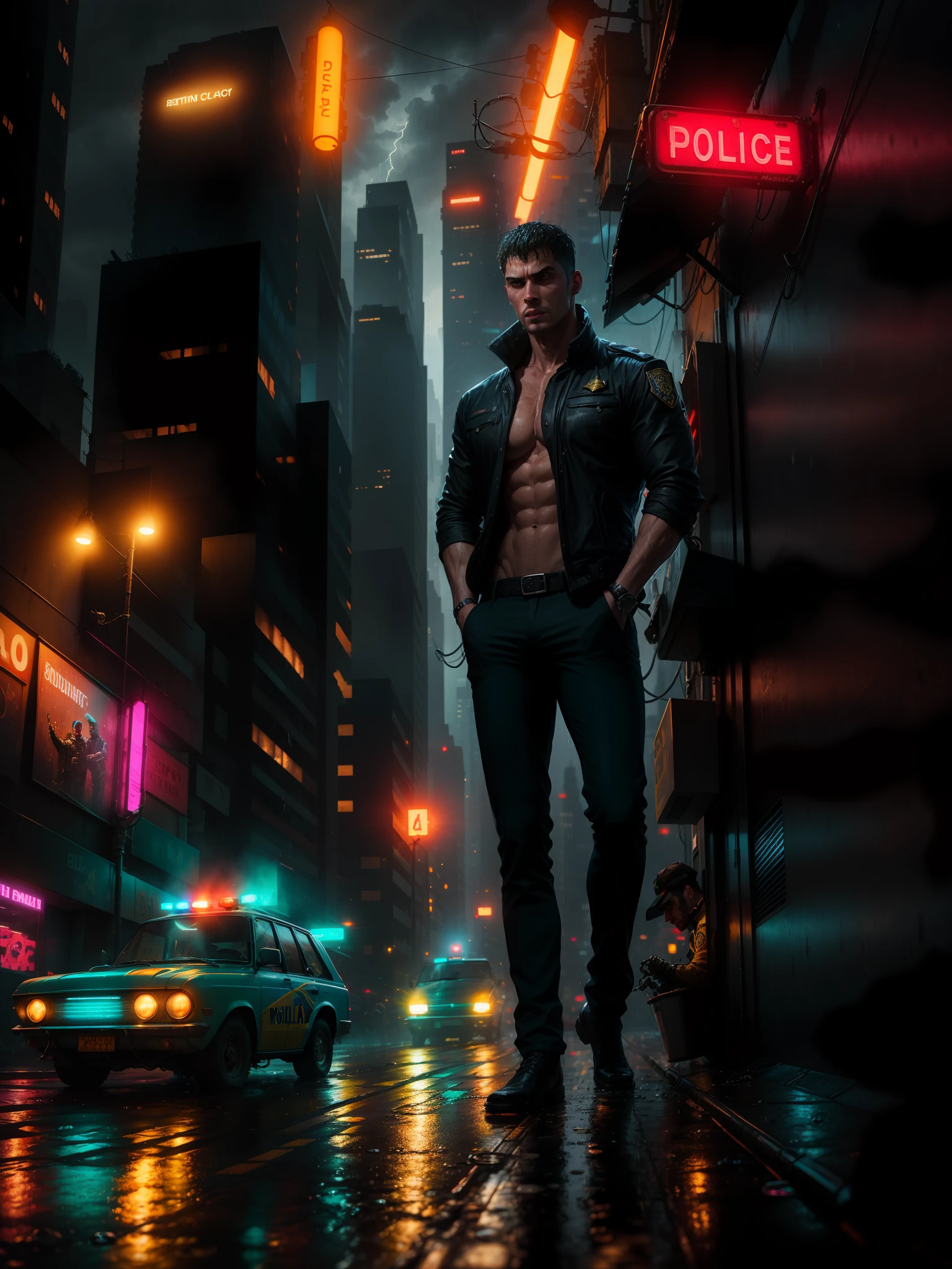 masterpiece, best quality, highres, realistic, handsome gay facial features, police coat, rainy wet weather, soaking wet skin, raindrops, thunder storm, blade runner, dystopia, science fiction, biomechanical details,  bright neon lights, dark looming buildings, barechest, big pecs, pale skin, pulled down pants,short black hair,((young))