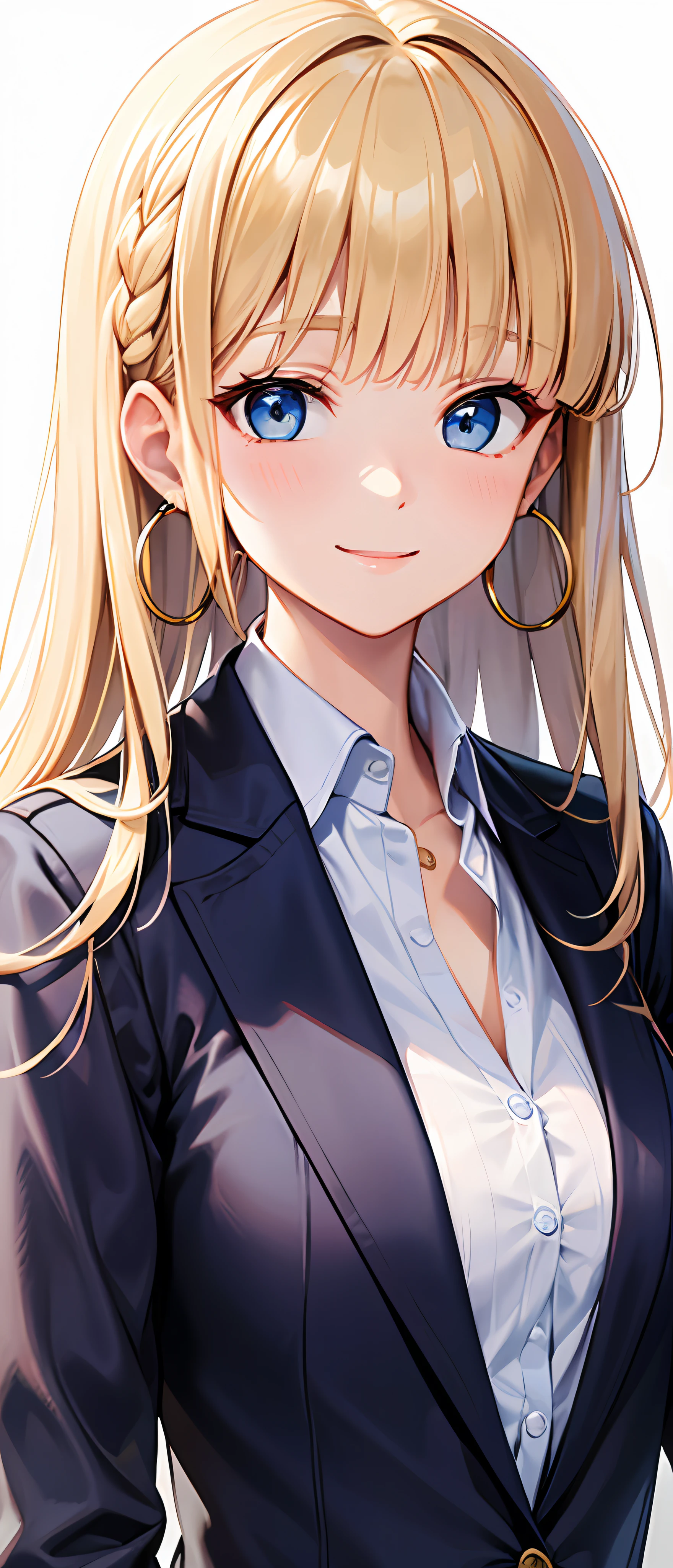 best quality,masterpiece,shiny blonde,blue eyes,school uniform, look down on, upper body,hair strand,Fair skin,french braid,smile,blunt bangs,hoop earrings,gladient hair,left sideburn is longer than right one,front view of the body,navy blue blazer,loosen clothing around the neck