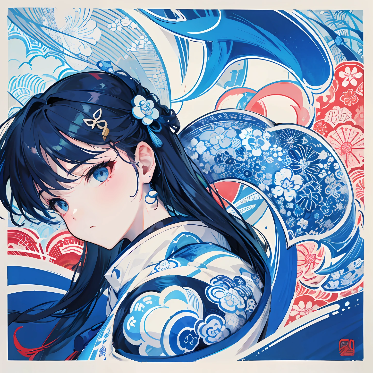 A logo、Street、a sticker、games 、a cool、ukiyoe painting、jpn、white and blue 、Beautuful Women