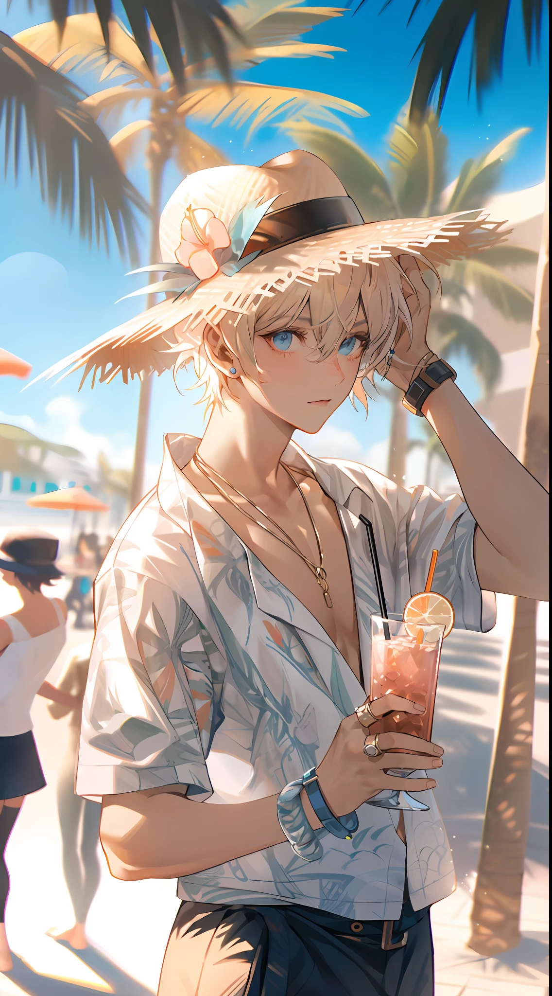 Anime man in straw hat and sunglasses has a drink on the beach, Trending in ArtStation pixiv, kawacy, tall anime man with blue eyes, with straw hat, artwork in the style of guweiz, guweiz on pixiv artstation, guweiz, In pixiv, pixiv, Handsome Anime Pose