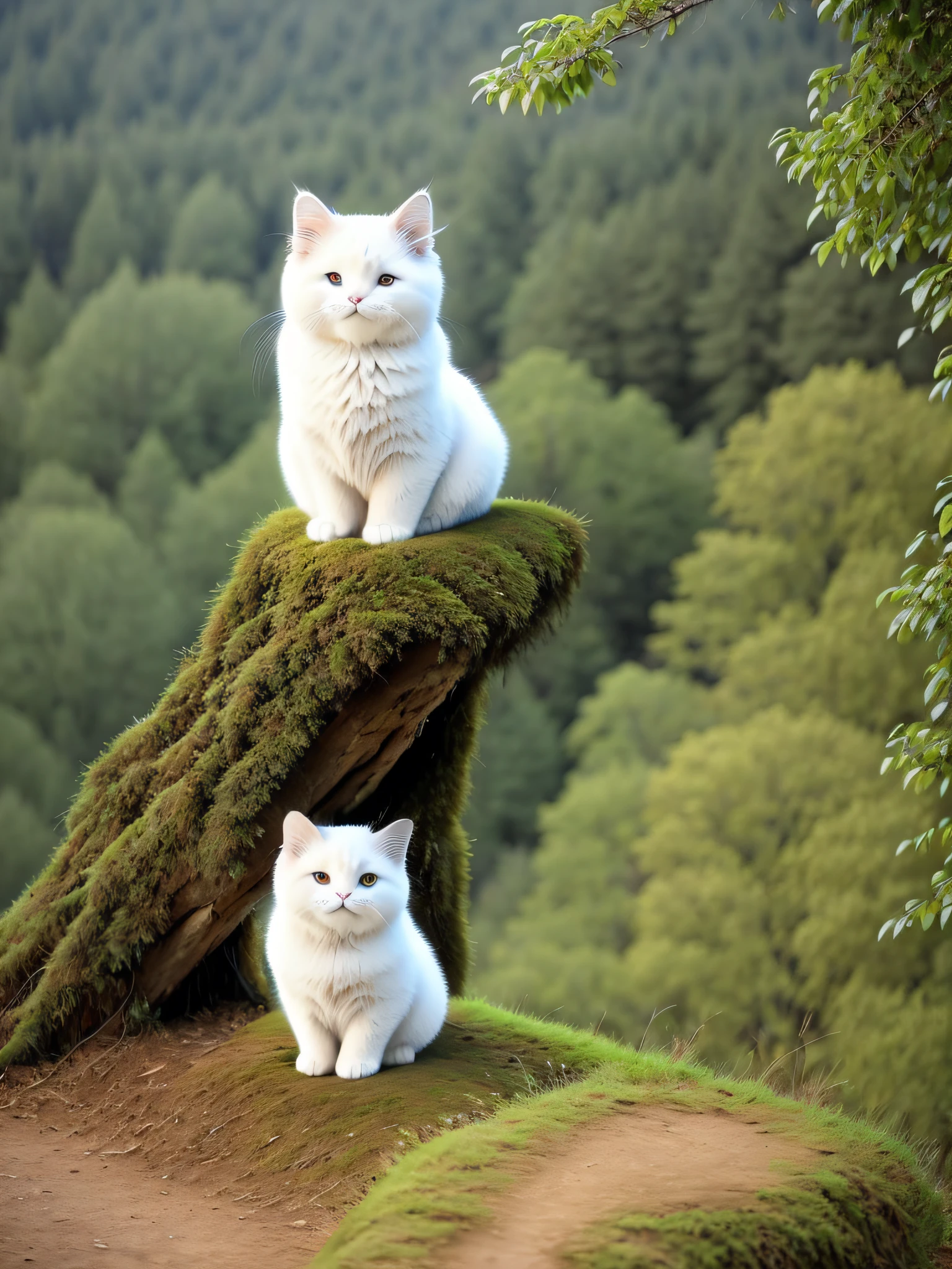 A fluffy cat sits near the roots of a tree on the side of a mountain