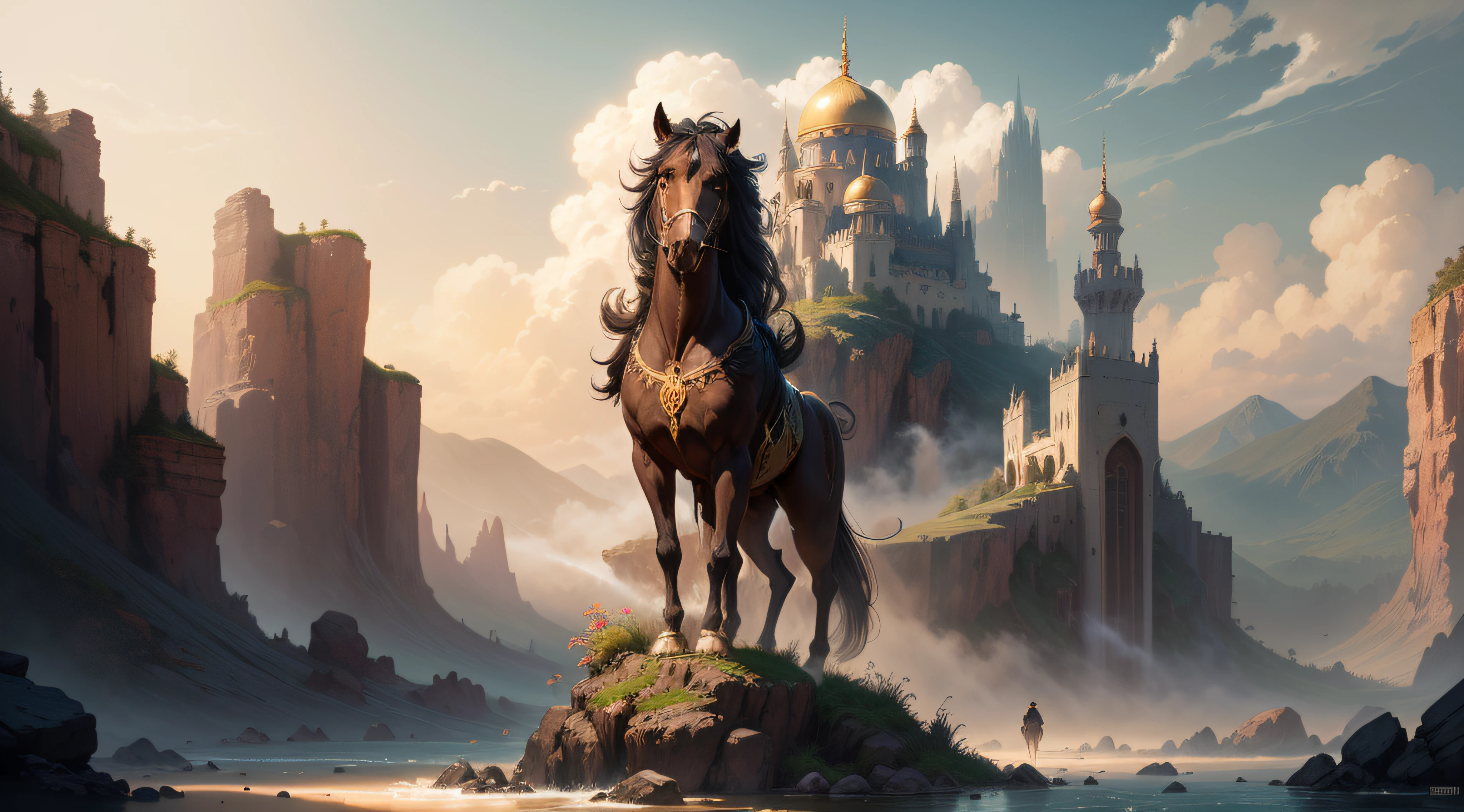fantasy world, arabian, very wild screen, panoramic, by Albert Bierstadt, Thomas Moran, Frederic Edwin Church, Asher Brown Durand, Martin Johnson Heade, John Frederick Kensett, Sanford Robinson Gifford, Jasper Francis Cropsey, ethereal fantasy hyperdetailed mist Thomas Kinkade, Hyperrealistic, splash art, concept art, mid shot, intricately detailed, color depth, dramatic, 2/3 face angle, side light, colorful background Hyperrealistic, splash art, concept art, mid shot, intricately detailed, color depth, dramatic, 2/3 face angle, side light, colorful background