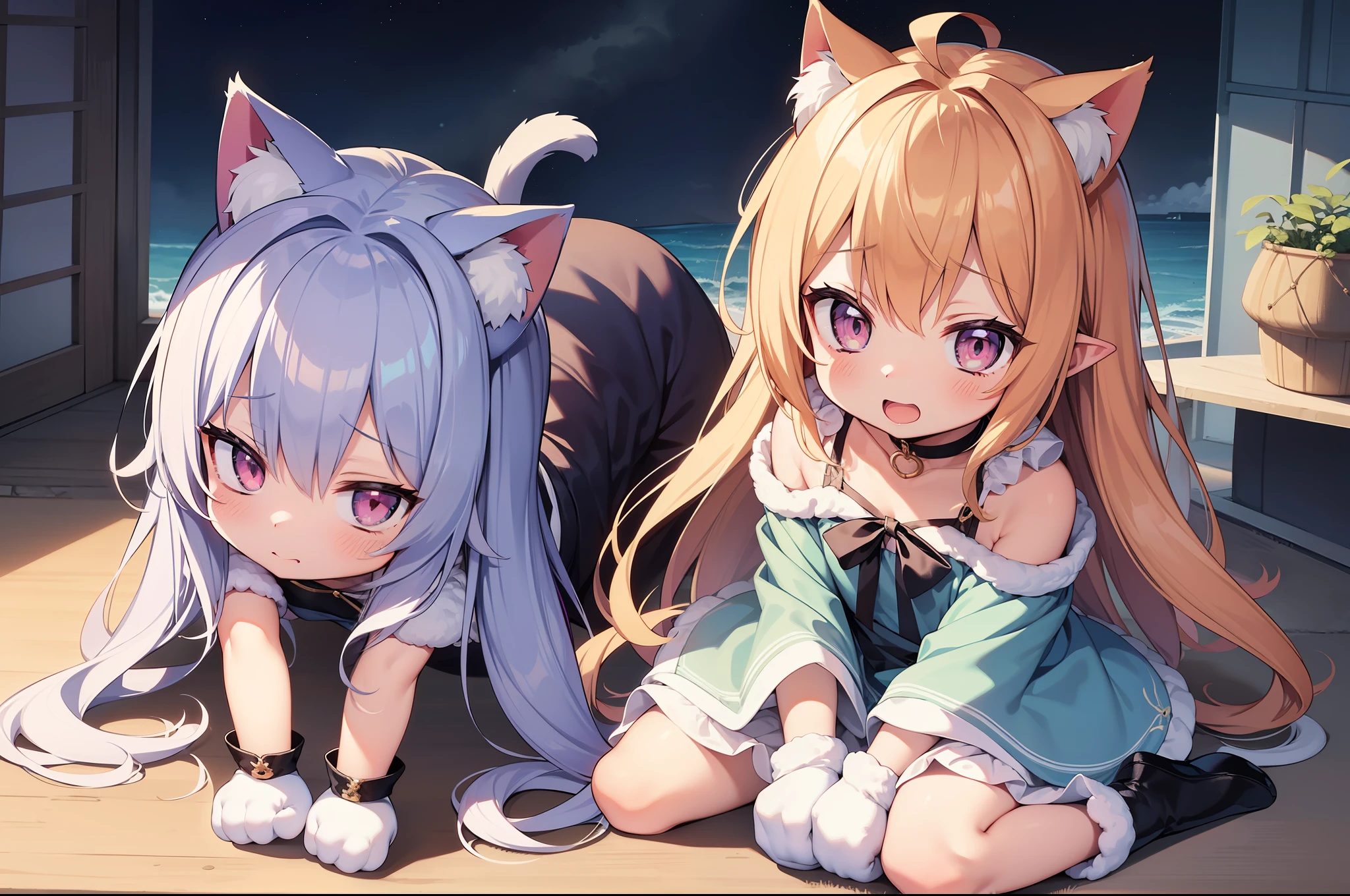 ((masutepiece)), (((Best Quality))), (High resolution:1.2),((Ultra-detailed)),((Illustration)),((Yuri)),((kawaii:1.1),Furry,(( 2 girls:1.0)),(toddler body:1),((Short:1.1)),Kiss to kiss,long to,Full body,Happy,Laugh,embarrassed:1.2)Ahoge,,pointy ear, Multicolored long hair,Baggy cat-eared food poncho、Cat gloves、Cat tail、、Starry Sea、