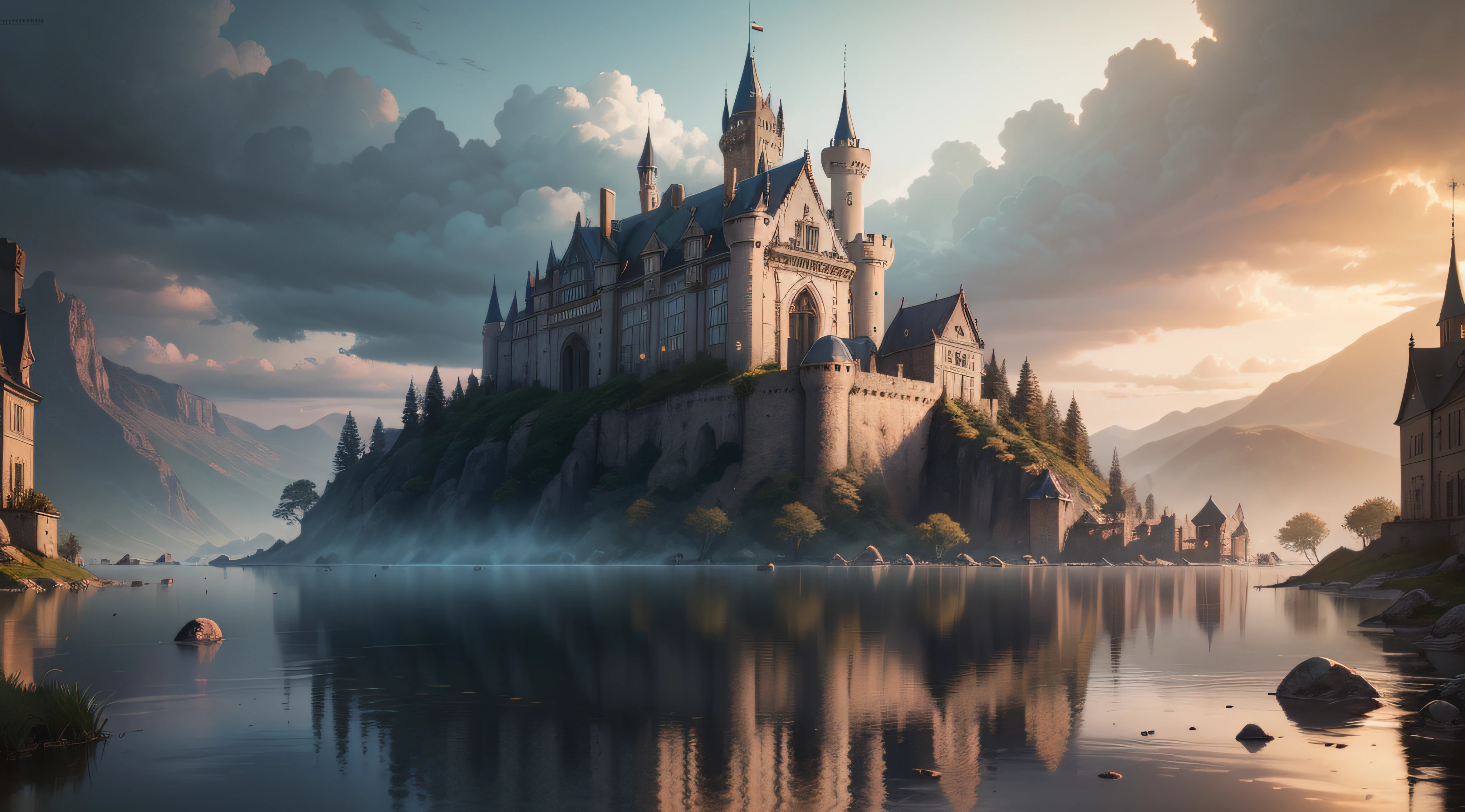 big castle in the middle of a pool of water, still water, reflection, detailed matte painting, deep color, fantastical, intricate detail, splash screen, complementary colors, fantasy concept art, 8k resolution trending on Artstation Unreal Engine 5
