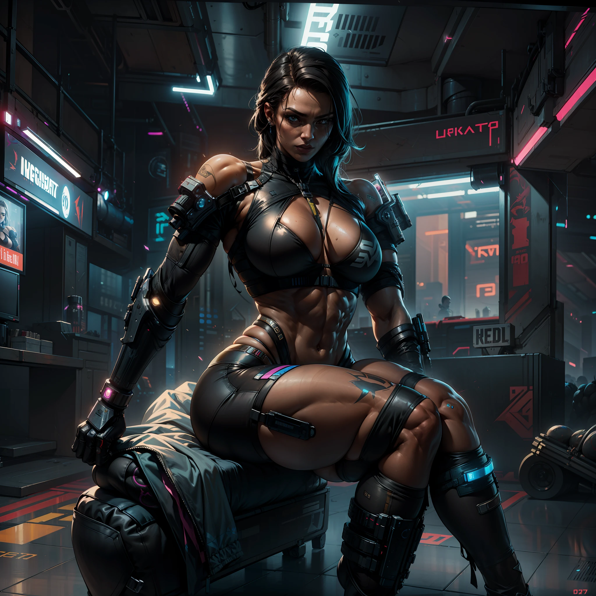 female cyborg, assassin,(big breastes), (perfect anatomy), (sports body), (Sexual), (thick-thighs), (perfect arms), Cyberpunk 2077 Style, Dark ambient
