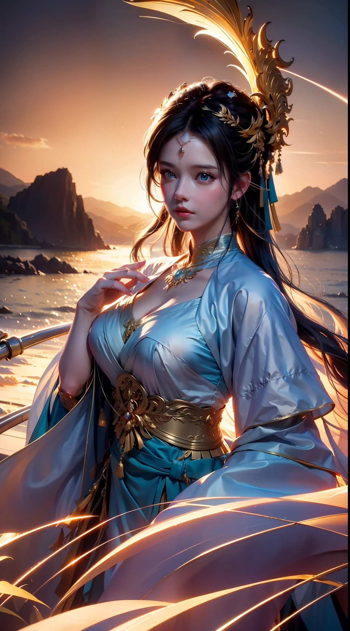 A sea of golden clouds, Surrounded by mountains, Classical antique girl, motion blur, cinematic lighting, best quality, 4K