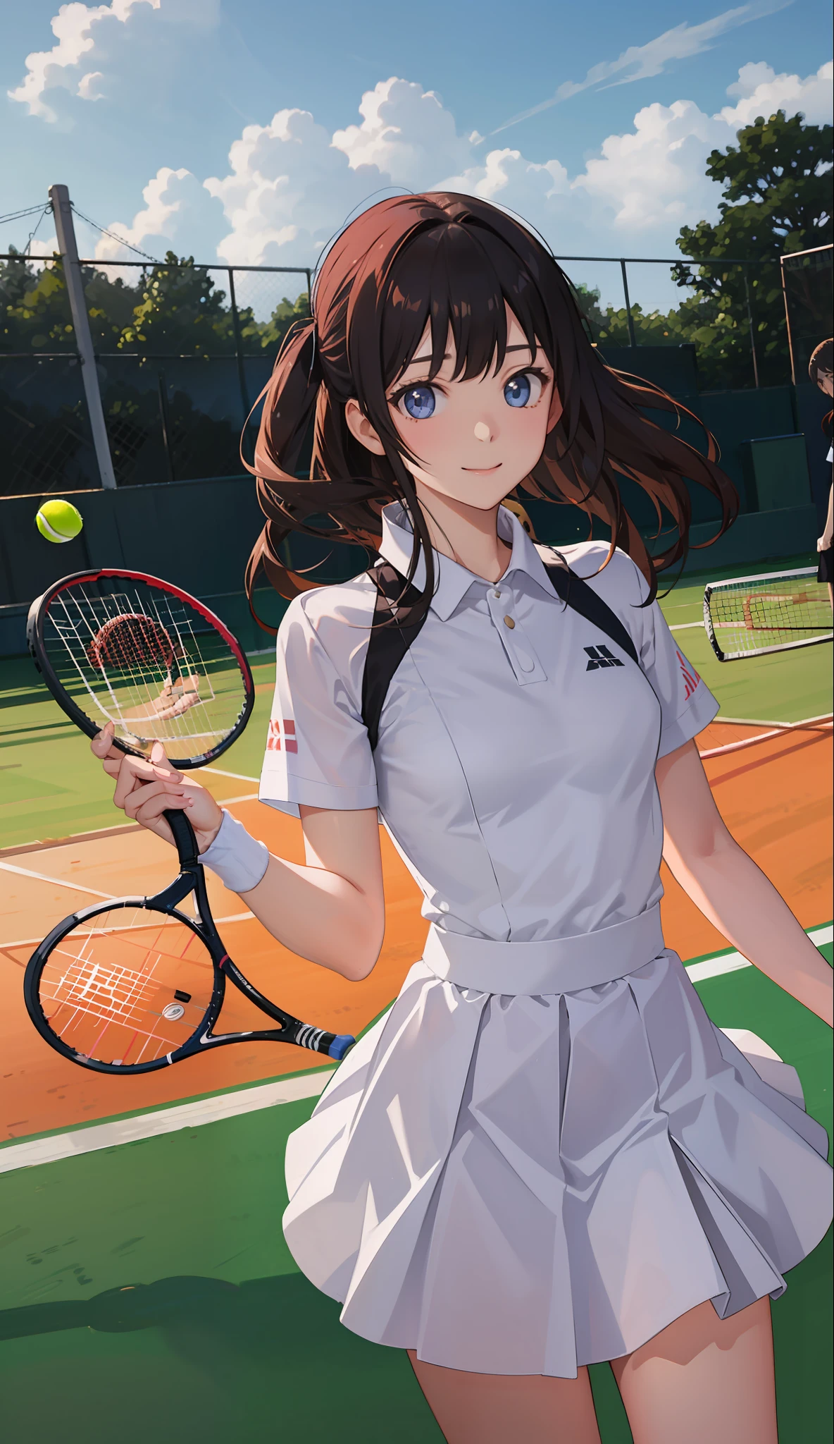 １The girls、Shirt、pleatedskirt、17 age、Bob Hair Style、A smile、（A delightful！）、japanes、enmaided、Chromo-white skin、Beautiful eyes、（small tits）、Playing tennis、Wimbledon、Wearing white tennis wear、电影灯光、Upper body portrait、