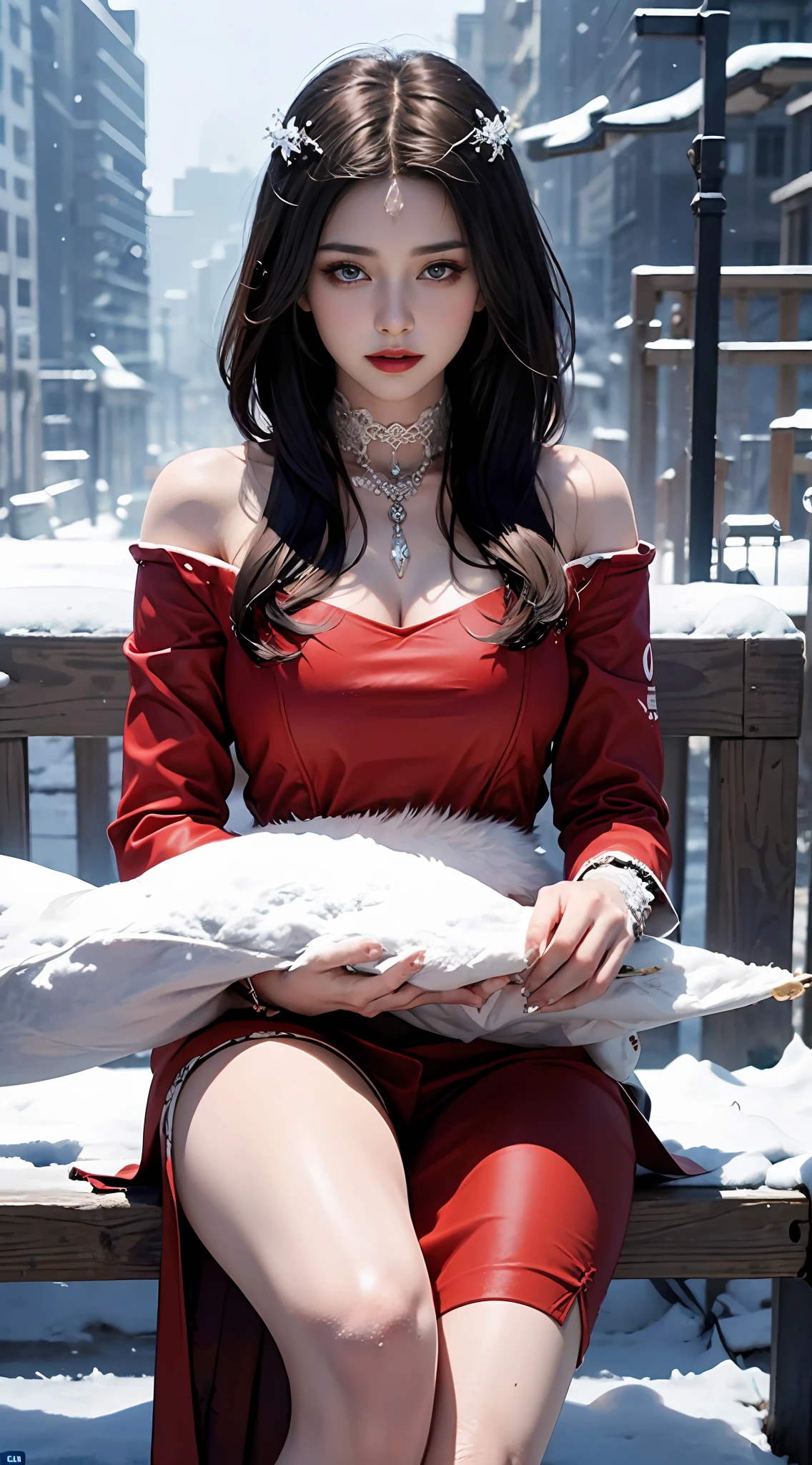 official art, Unity 8k wallpaper, a girl, most beautiful, medium breath, detailed fingers, crystallized clothes, color, red color, royal design, realistic detailed eye, dim lightning, snow falling, feeling romancing, sitting, whole body capture,