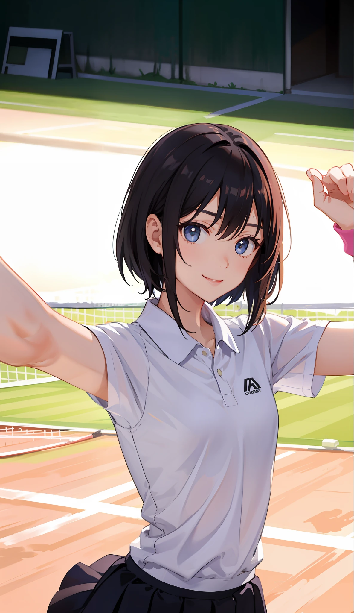 １The girls、Shirt、pleatedskirt、、Bob Hair Style、A smile、（A delightful！）、japanes、enmaided、Chromo-white skin、Beautiful eyes、（small tits）、Playing tennis、Wimbledon、Wearing white tennis wear、电影灯光、Upper body portrait、