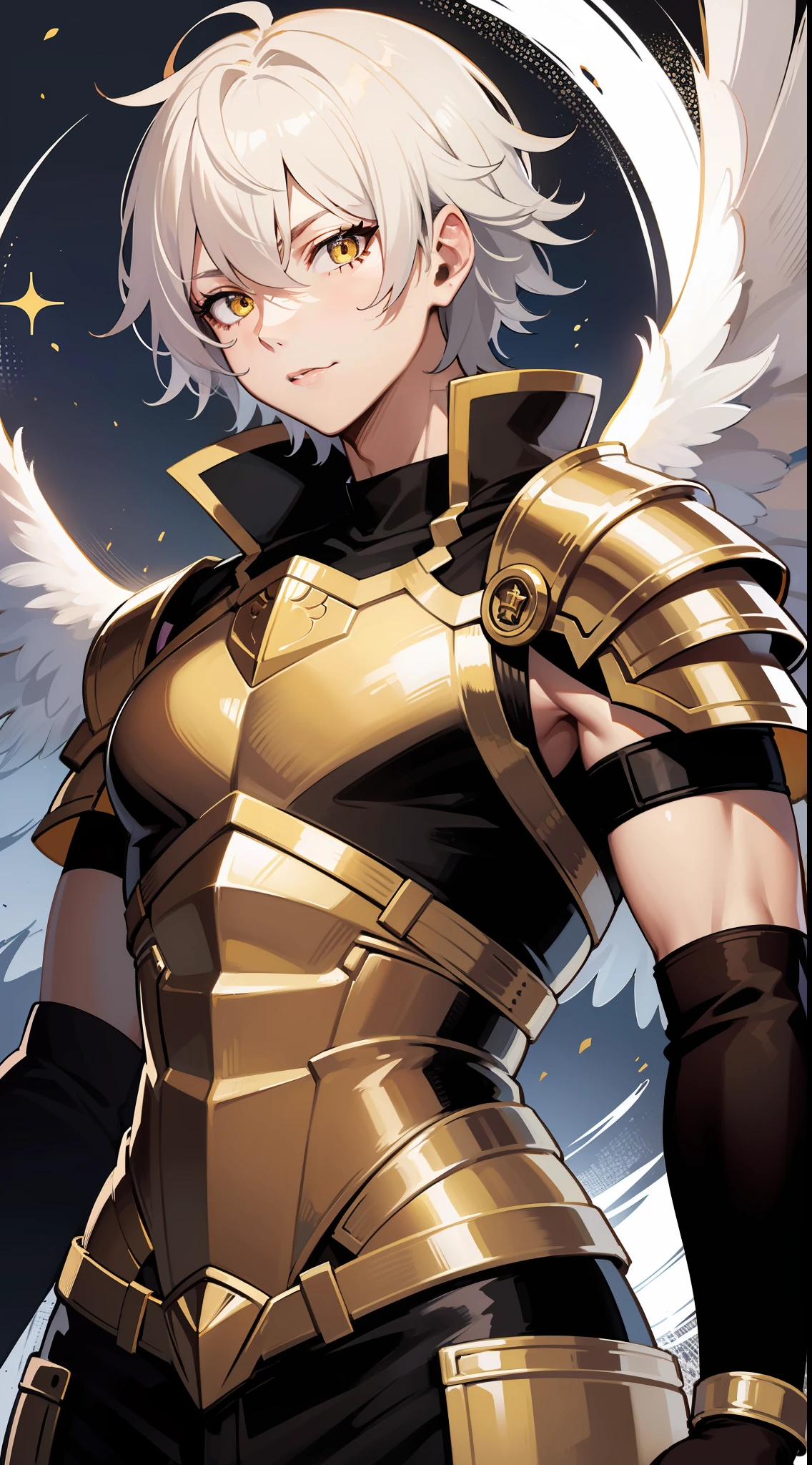 Tall guy, short white hair, golden eyes, Sleeveless angel armor, Masterpiece, hiquality