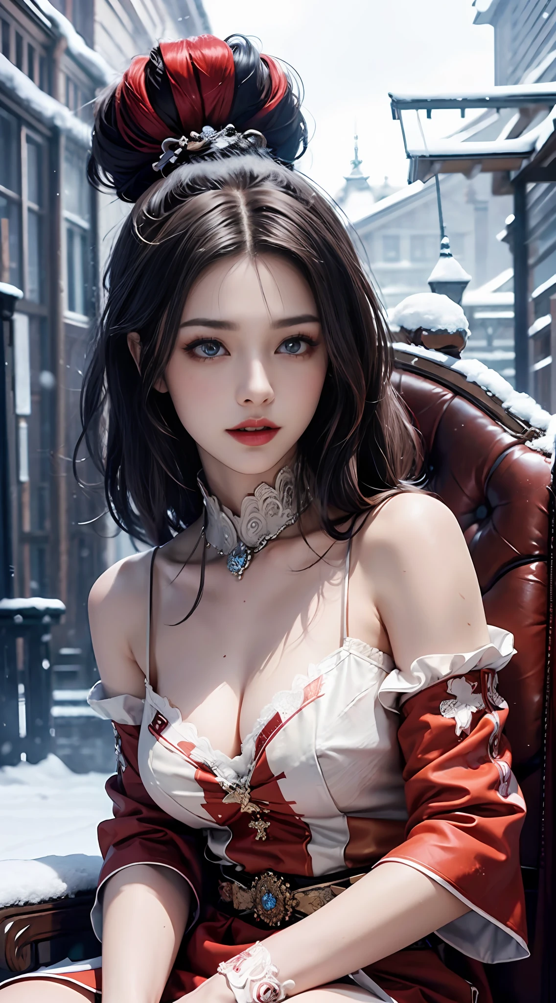 official art, Unity 8k wallpaper, a girl, most beautiful, medium breath, detailed fingers, crystallized clothes, color, red color, royal design, realistic detailed eye, dim lightning, snow falling, feeling romancing, sitting, whole body capture,