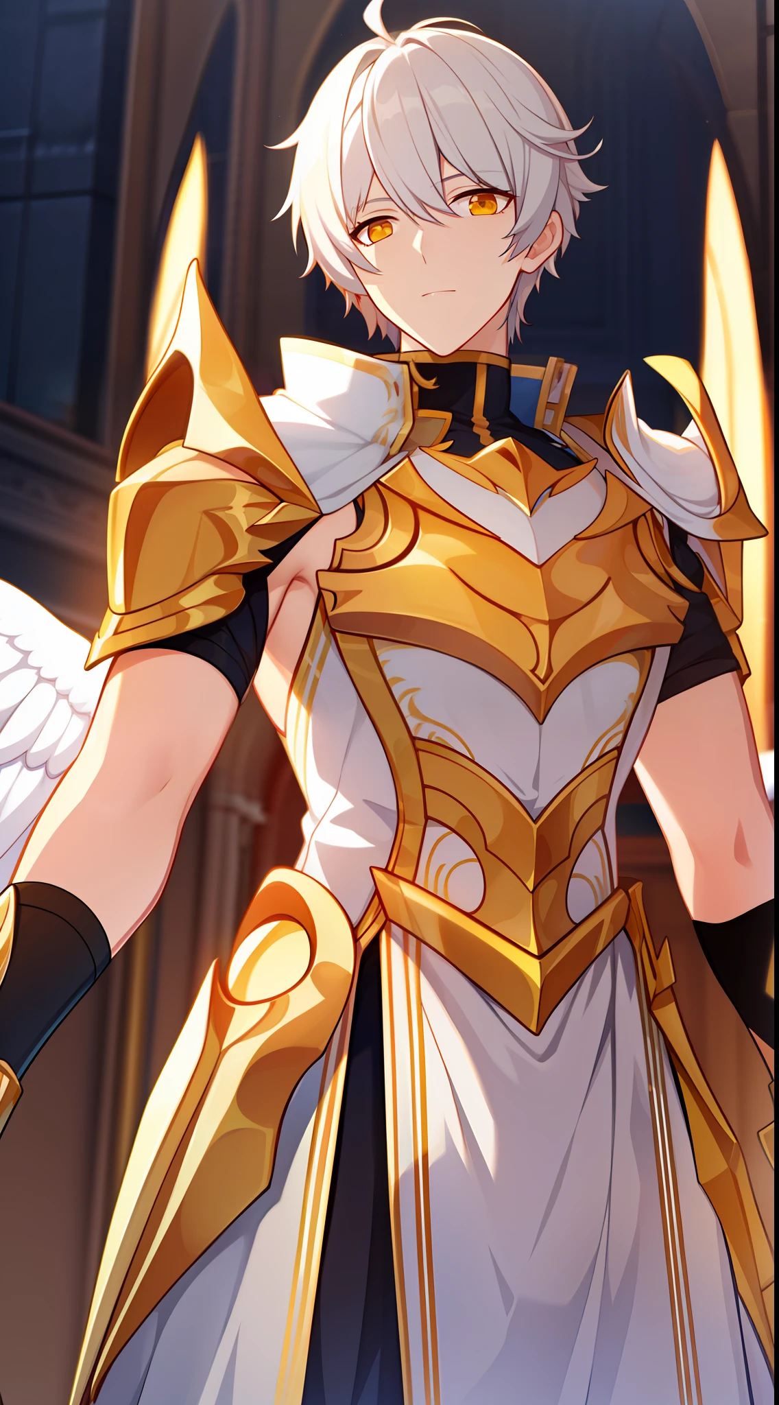 Tall guy, short white hair, golden eyes, Sleeveless angel armor, Masterpiece, hiquality