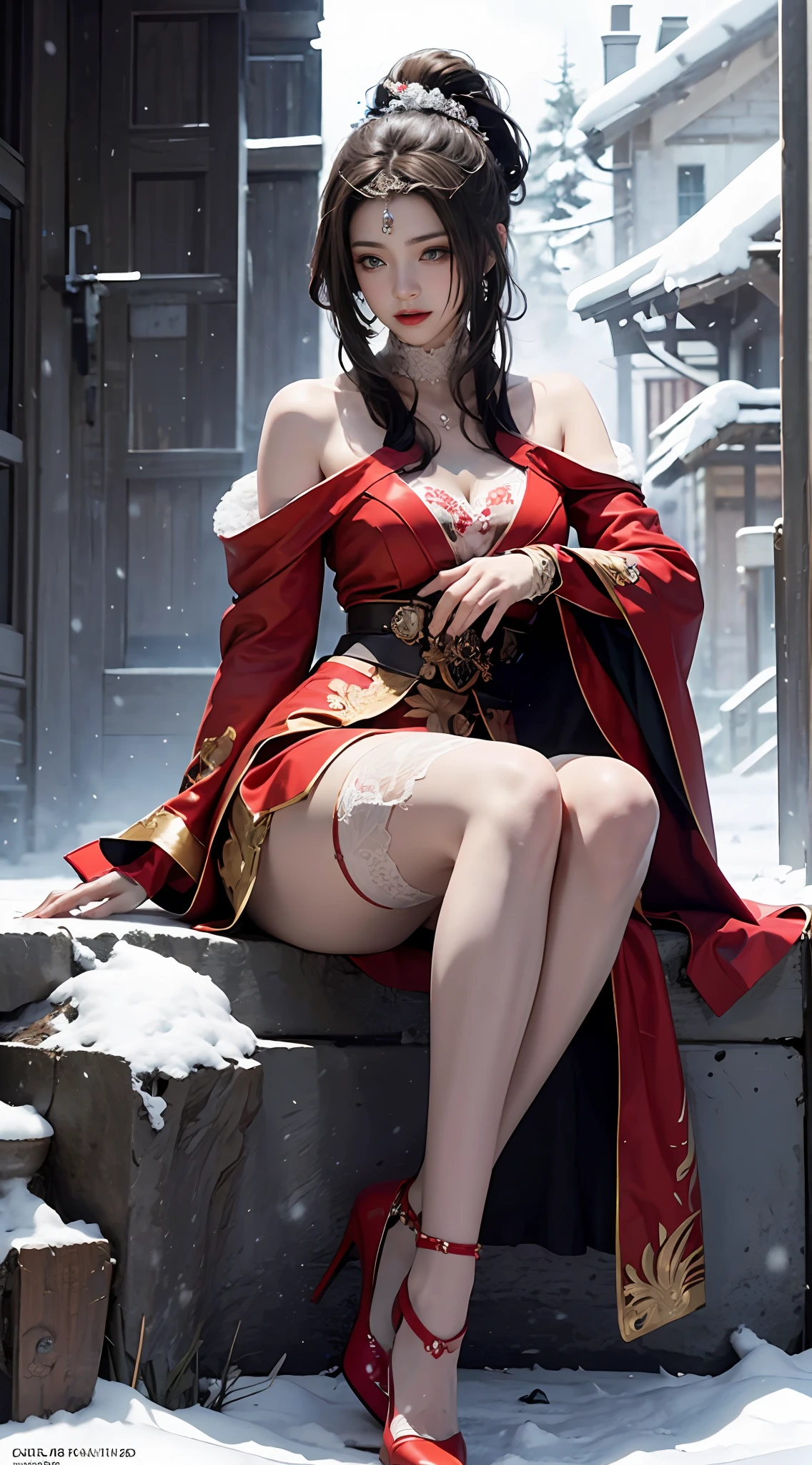 official art, Unity 8k wallpaper, a girl, most beautiful, medium breath, detailed fingers, crystallized clothes, color, red color, royal design, realistic detailed eye, dim lightning, snow falling, feeling romancing, sitting, whole body capture,