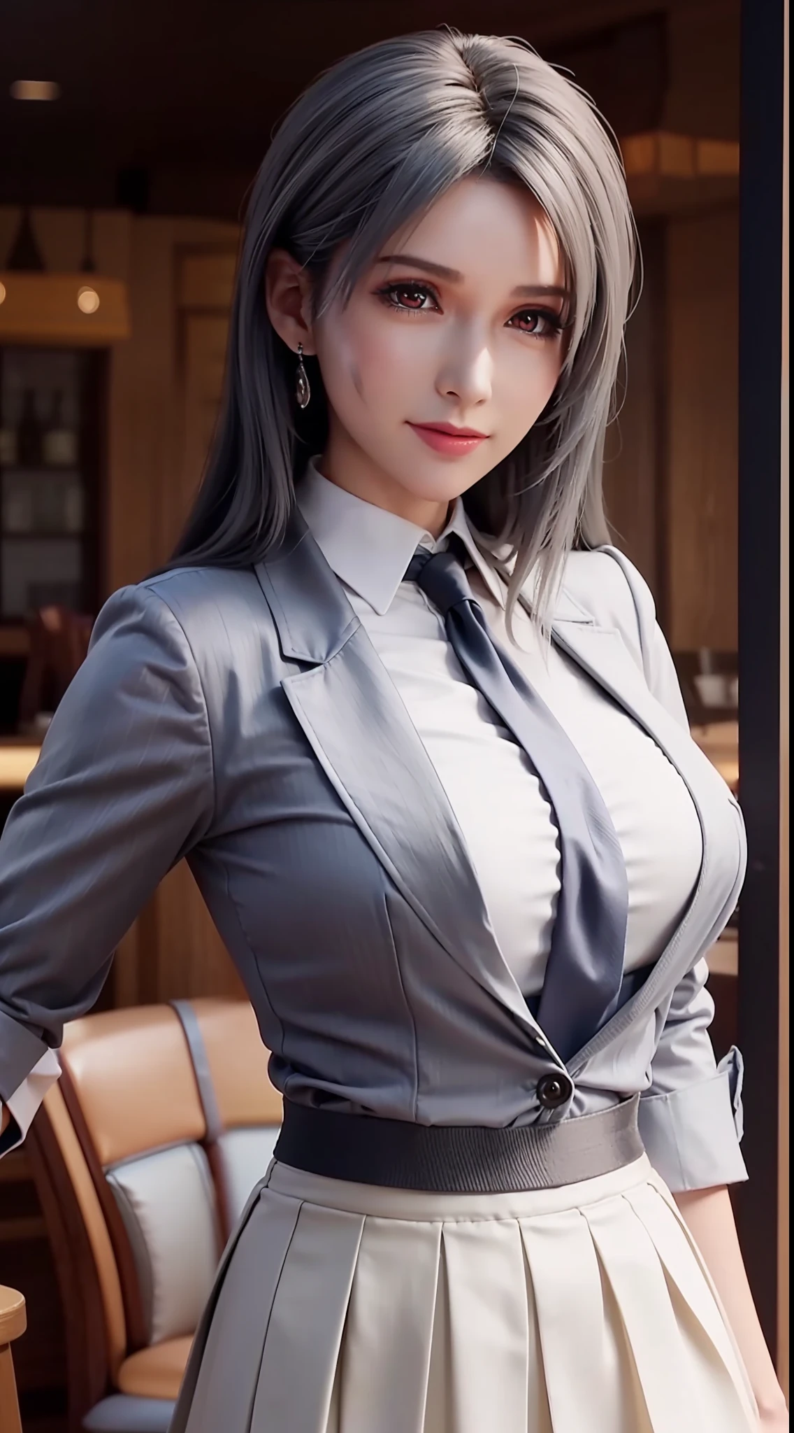 sakuyarindou768 (Wearing business outfit,formal jacket,neck tie, tie,white shirt, skirt, heels,High waist Skirt)( big perfect round breasts,hourglass body, thin waist,btpt-fc,Photo realistic, (hyperrealistic:1)beautiful, masterpiece, best quality, extremely detailed face, perfect lighting,detailed eye makeup, detail face, nice detailed eyes,nice hands, perfect hands (realistic pupils,realistic iris:1) heavy eye makeup,gray hair,long hair,bue eyes,  (working at a restaurant, background restaurant)