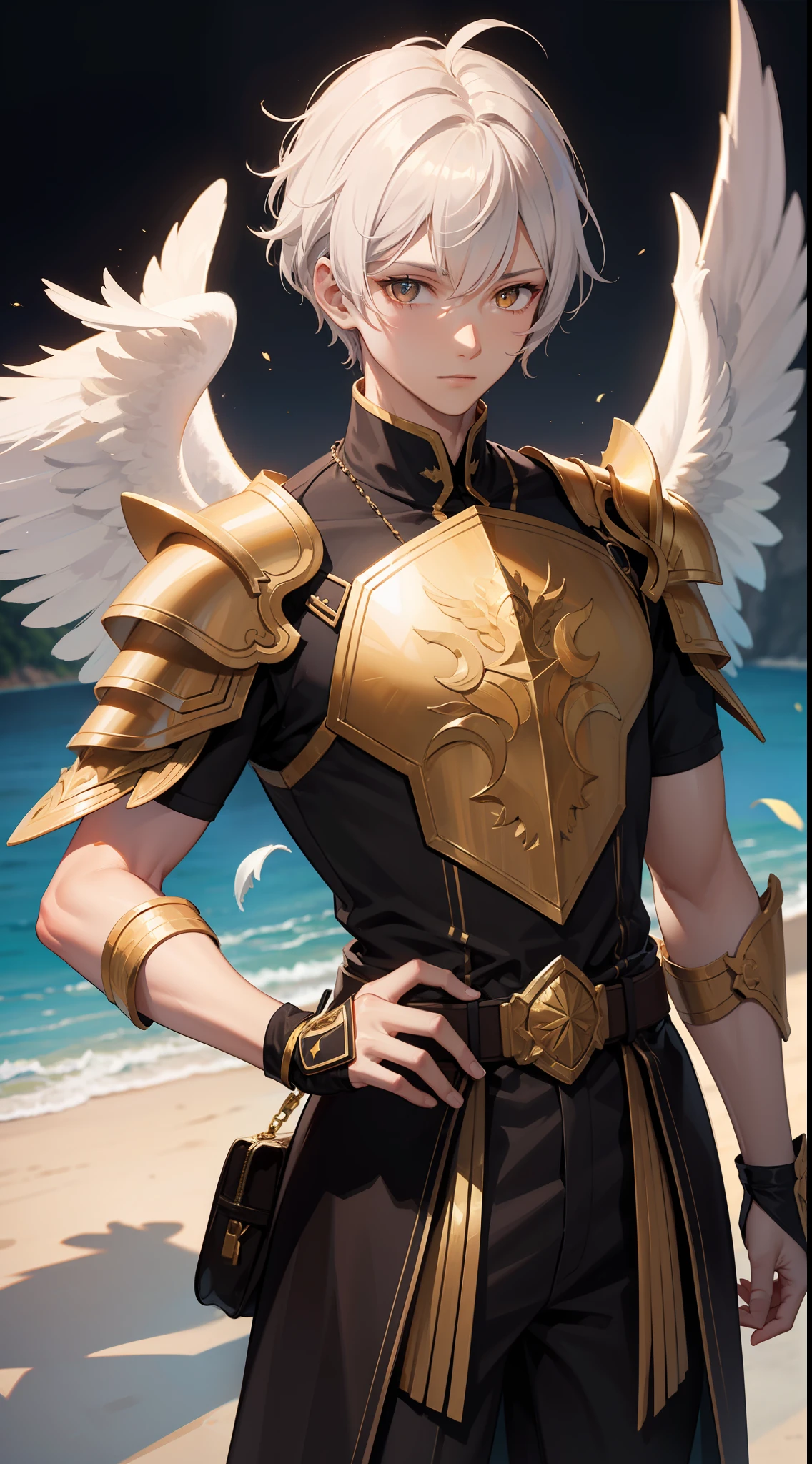 Tall guy, short white hair, golden eyes, sleeveless angel armor, Masterpiece, hiquality