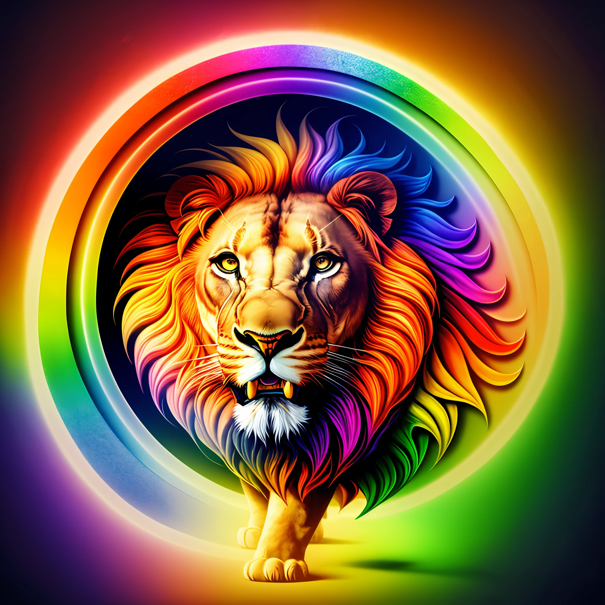 Lion coming out from inside the rainbow with its mouth open colored in 3d looking forward --auto