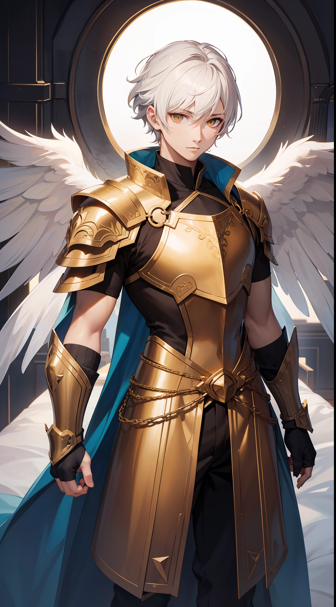 Tall guy, short white hair, golden eyes, sleeveless angel armor, Masterpiece, hiquality