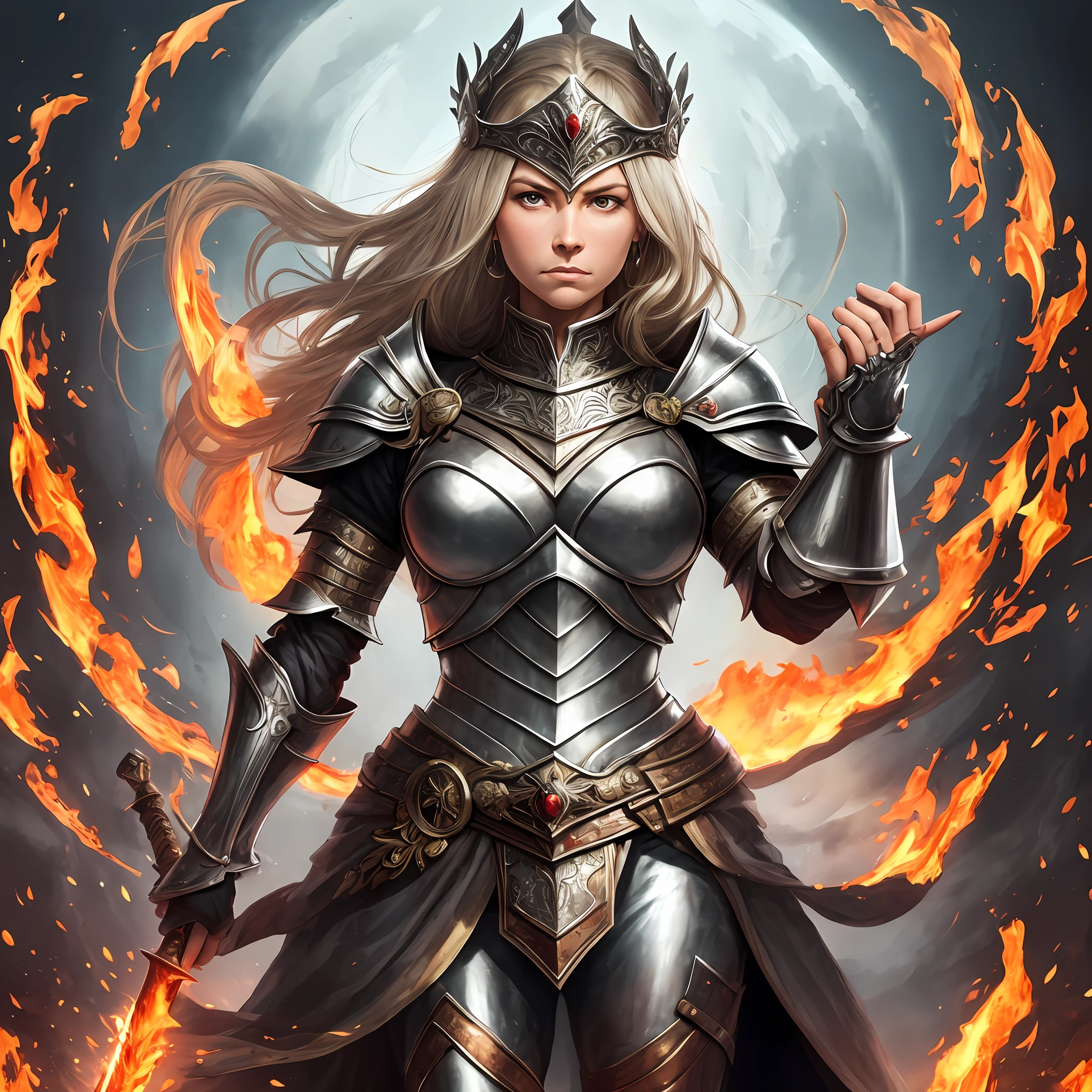 Jeanne Darke, in silver armor, stands in a circle of fire with a stern face, Rose in hand, sword in arm, There is a tiara on his head