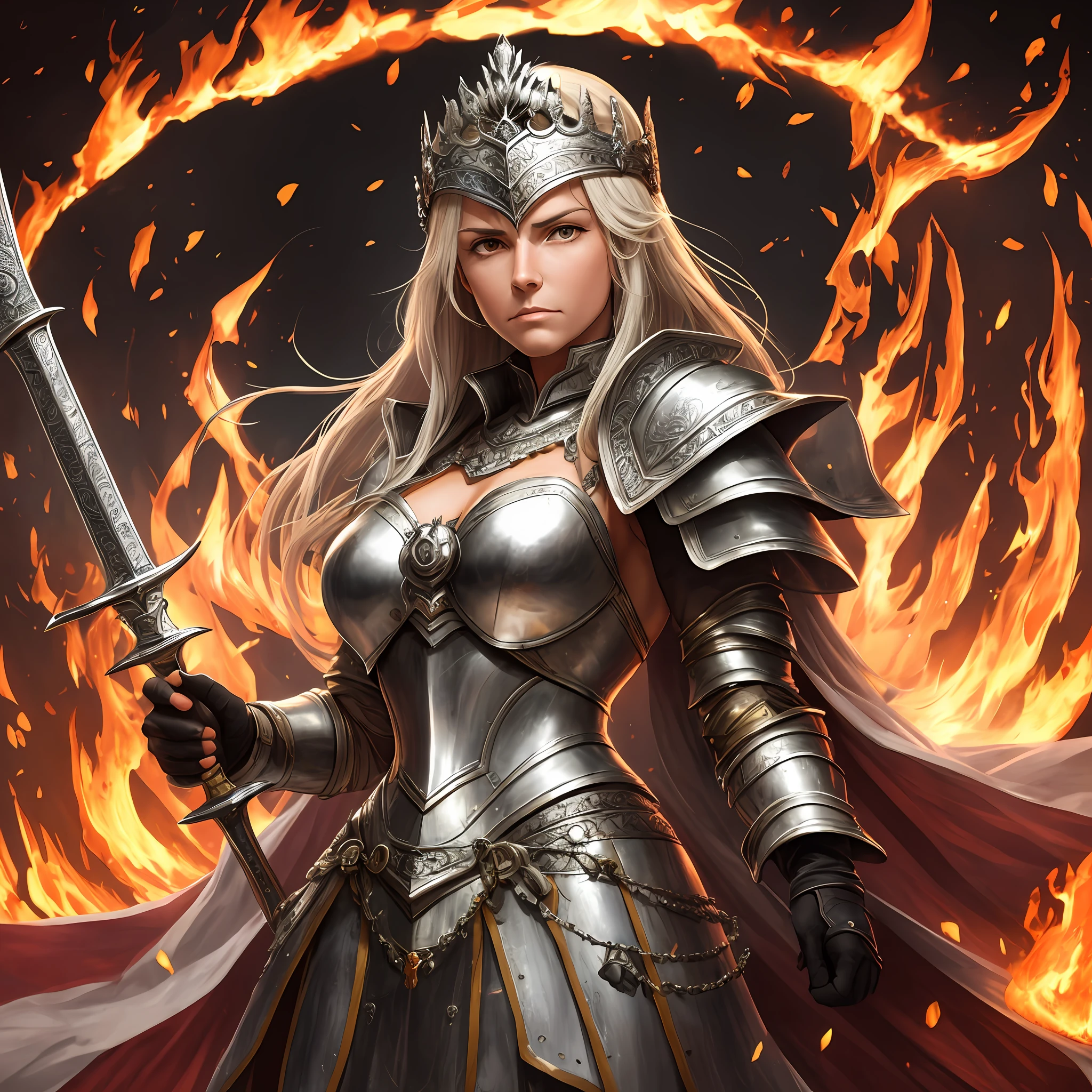 Jeanne Darke, in silver armor, stands in a circle of fire with a stern face, Rose in hand, sword in arm, There is a tiara on his head