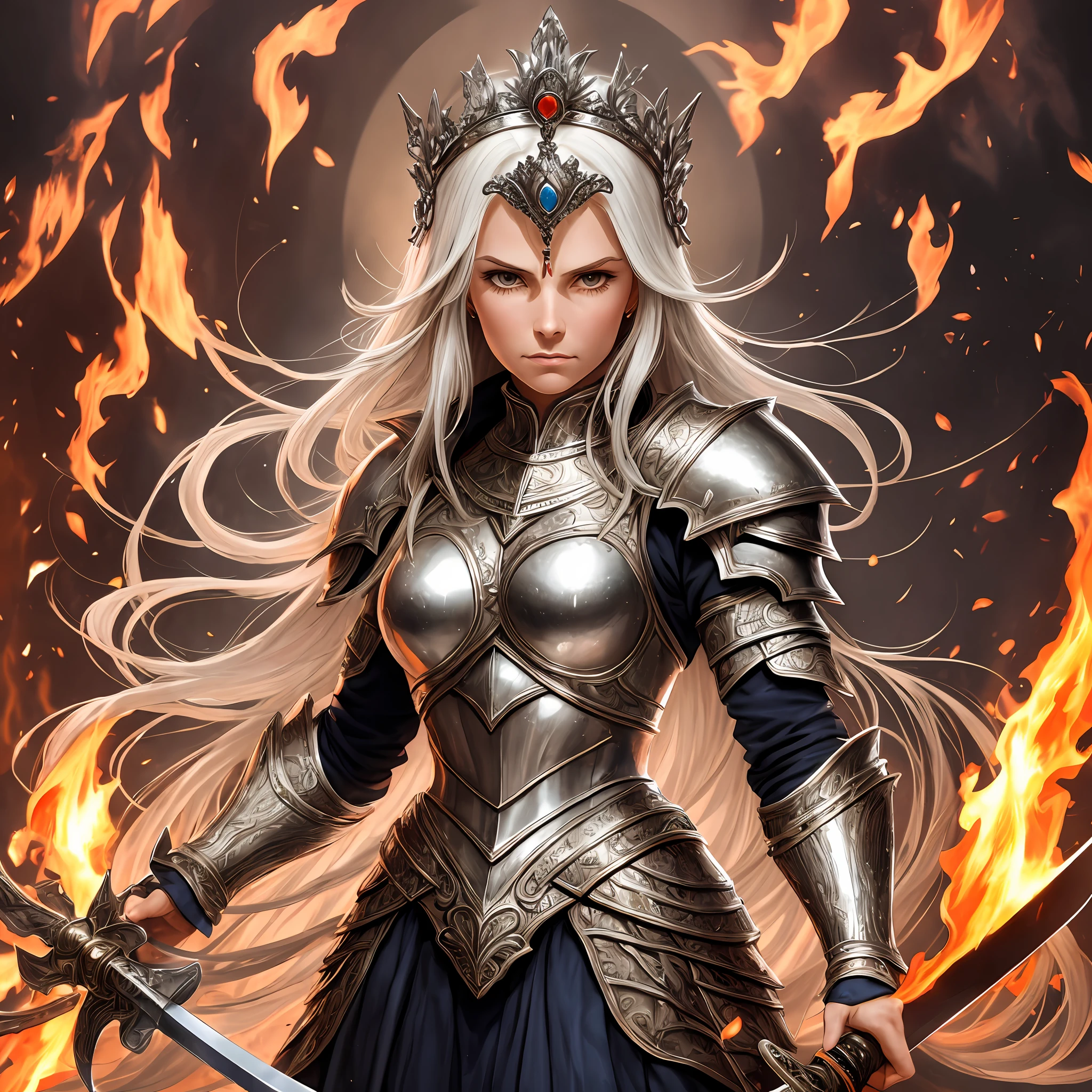 Jeanne Darke, in silver armor, stands in a circle of fire with a stern face, Rose in hand, sword in arm, There is a tiara on his head