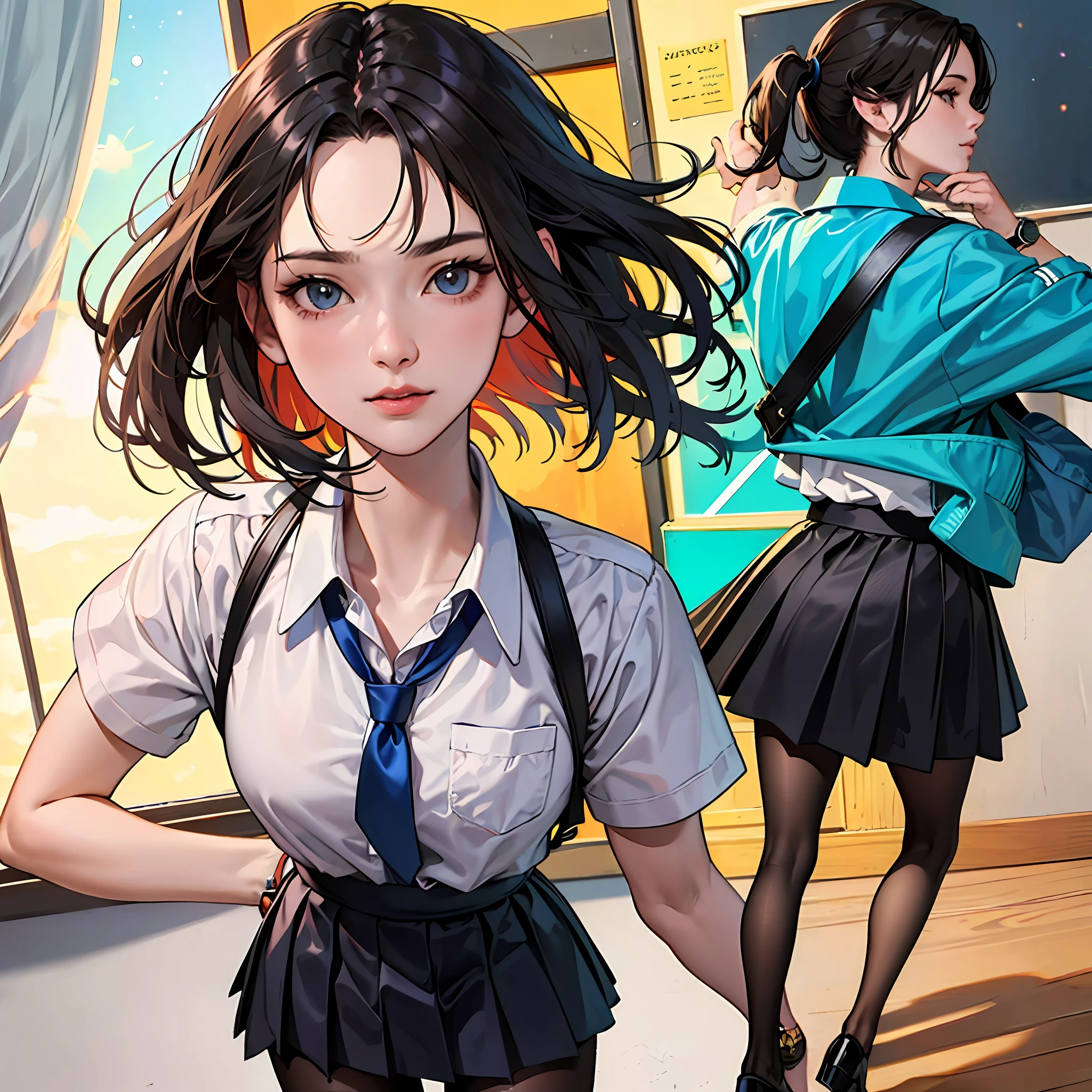 Masterpiece, highest quality, ultra detail, illustration, colorful, flat color, depth of field, lens flare
1 girl, anime, lecture, black hair, watch audience, school, classroom, pleated mini skirt, uniform, serafuk, black pantyhose, detailed texture, detailed fabric texture, detailed beauty face, --auto