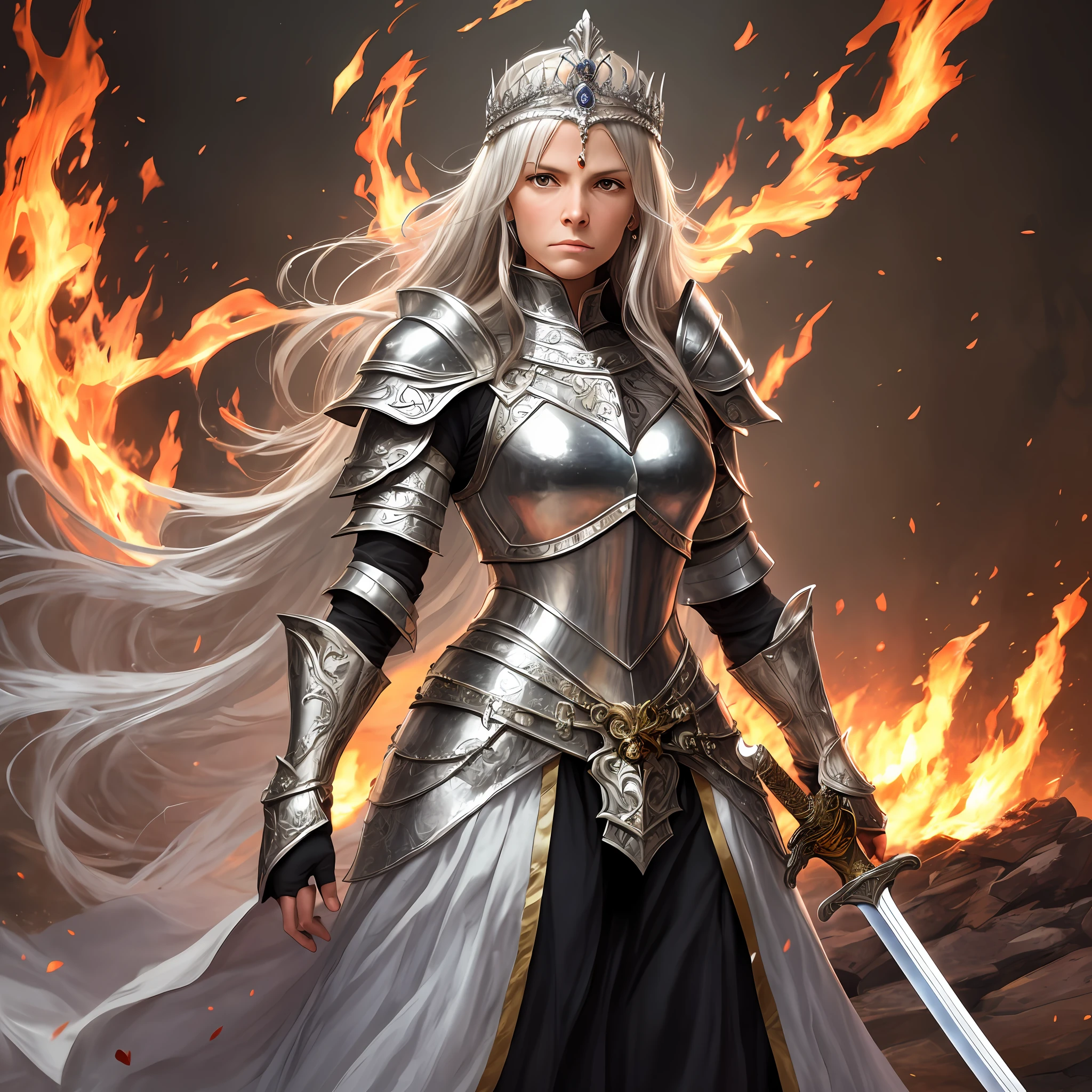 Jeanne Darke, in silver armor, stands in a circle of fire with a stern face, Rose in hand, sword in arm, There is a tiara on his head