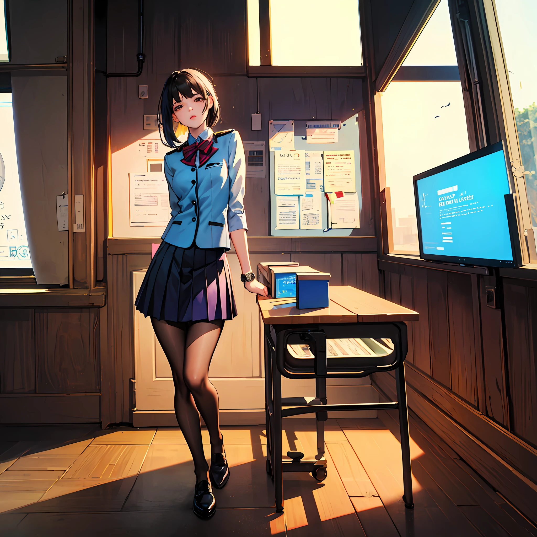 Masterpiece, highest quality, ultra detail, illustration, colorful, flat color, depth of field, lens flare
1 girl, anime, lecture, black hair, watch audience, school, classroom, pleated mini skirt, uniform, serafuk, black pantyhose, detailed texture, detailed fabric texture, detailed beauty face, --auto