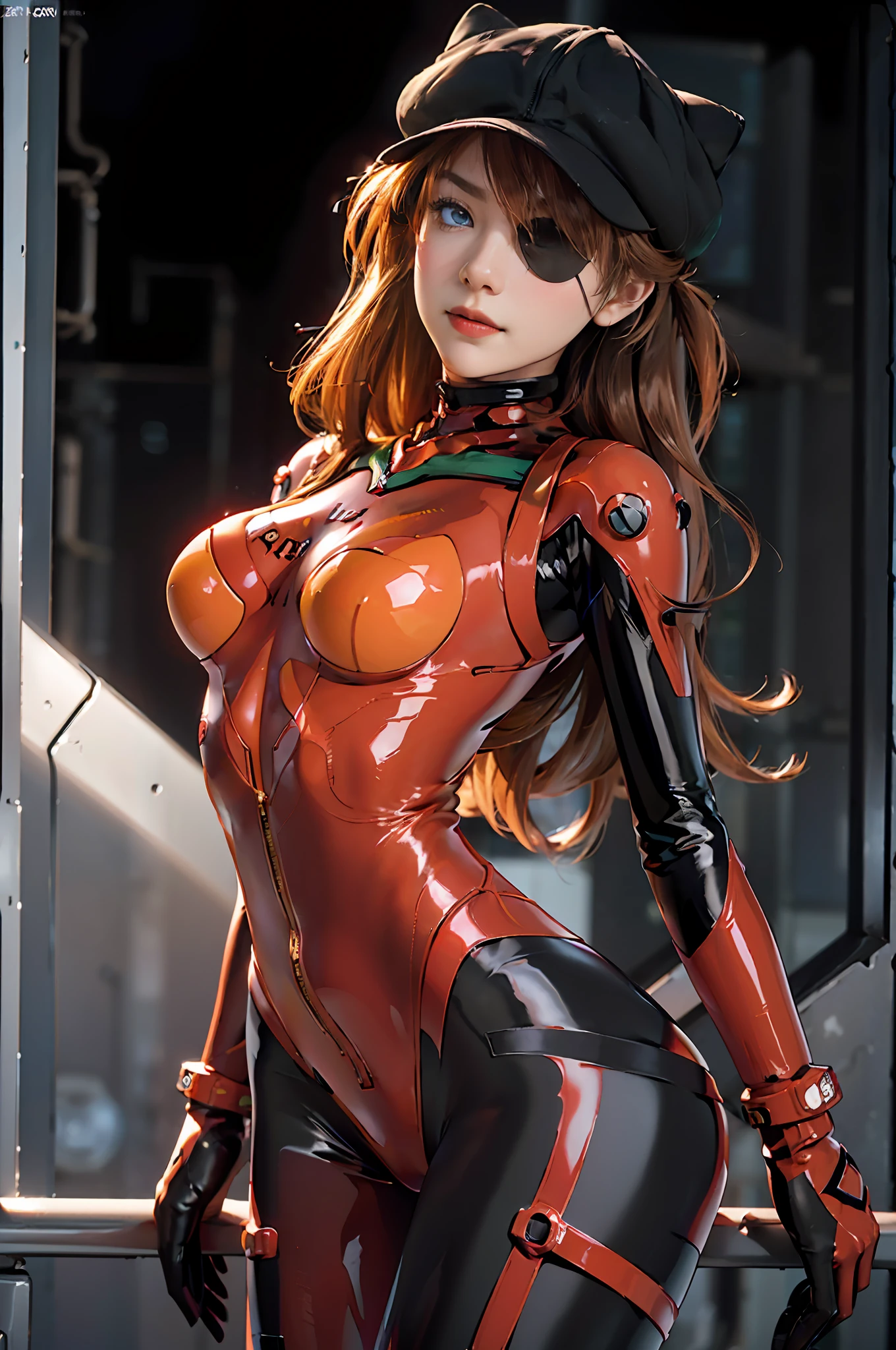 masterpiece, 8K, 3D, Realistic, Ultra Micro photography, Best Quality, Official Art, Real Realism, Daylight, Bright colors, Daylighting, Theatrical lighting, (((1 woman))),25 years old, Tall, Small face, Perfect proportions,(Soury aska Langley with black eye patch:1.5), ((Full body: 1.2)), (From bottom: 1.1),(( Soury aska Langley wearing a red open jacket: 1.2, posing with hands in pockets, plug suit under clothes, Soury aska Langley wearing a black cat hat deeply)), ( Soury aska Langley, Soury aska Langley, plug suit 02:1.0)), ((blue eyes, beautiful face, beautiful eyes))), Clean face, wet eyes, glowing eyes, detailed face, fine lips, narrow eyes, thin sharp pale eyebrows, long eyelashes, long lower eyelashes, double eyelids, sullen look, realistic skin texture, visible pores, seductive smile, gentle expression, fleeting appearance, thin and muscular, high-leg swimsuit: 0.9, thin and muscular, (shine red high gloss suit), ( dark red rubber suit with a strong metallic luster and smooth surface), dark red bodysuit shining like a mirror (dark red latex suit), shining like a mirror (large connection terminals under the chest of a precision circle metallic and silver: 1.3)), precision circular shoulder metallic and silver large connection terminals: 1.1, metallic green part of the shoulder blades, Beautiful female hands in red tight latex gloves, (strong metallic shiny black tie latex on the inside of the arm), two simple black wide latex from thighs to buttocks, (full body composition standing in model pose on the battleship deck at sea in realistic and detail: 1.1), (dynamic and realistic sea background: 1.3), (dynamic and realistic clear sky, Strong sunlight: 1.2), logo pattern between breasts 02, loneliness, blush, shyness, TO8 contrast style, (glossy), Delicate clothing wrinkles, beautiful light brown hair, DSLR, Fujifilm XT3, sharp focus: 1.0, maximum clarity and sharpness, accurate simulation of the interaction of light and matter,