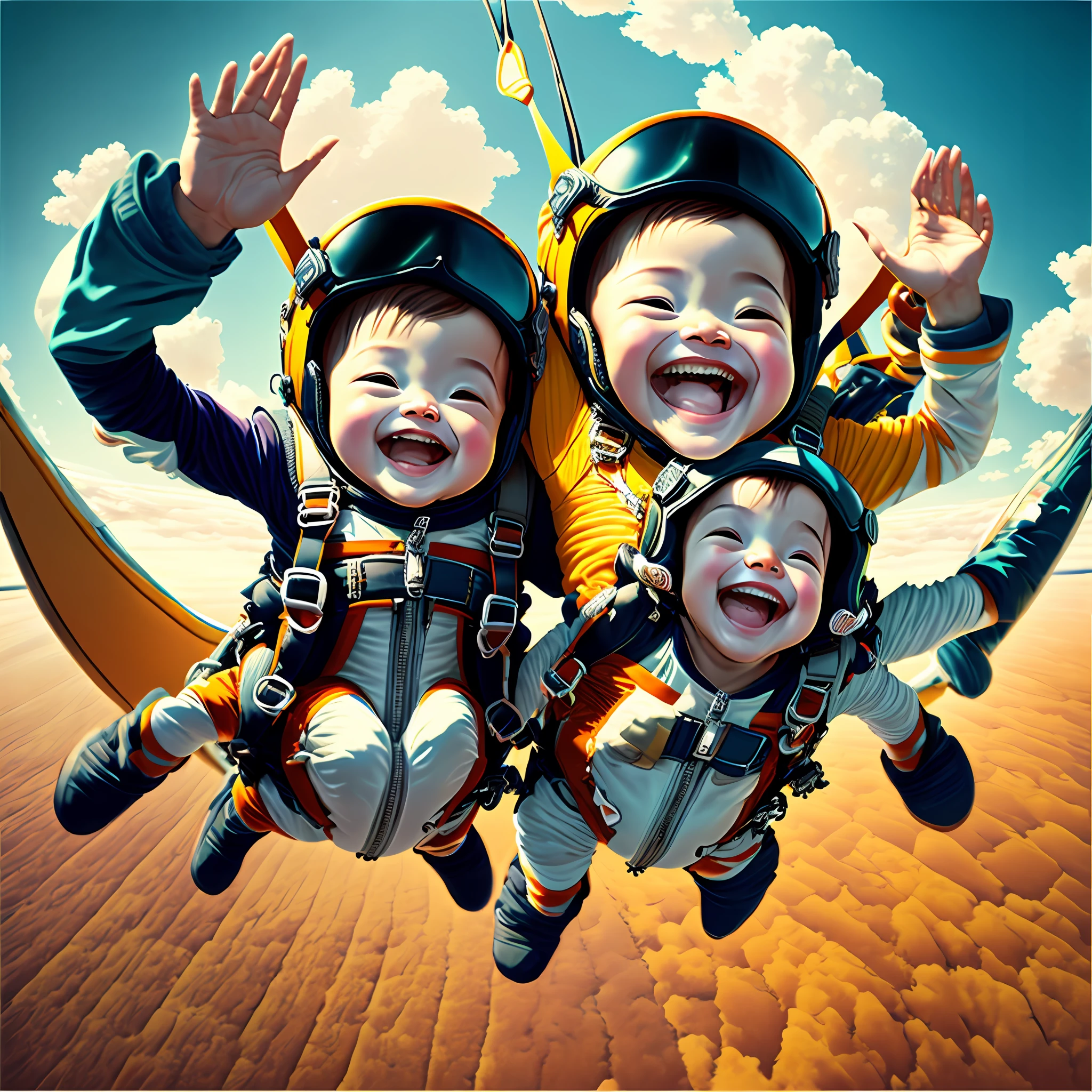 3 babies cheers, laughing, sky diving from the plane --auto