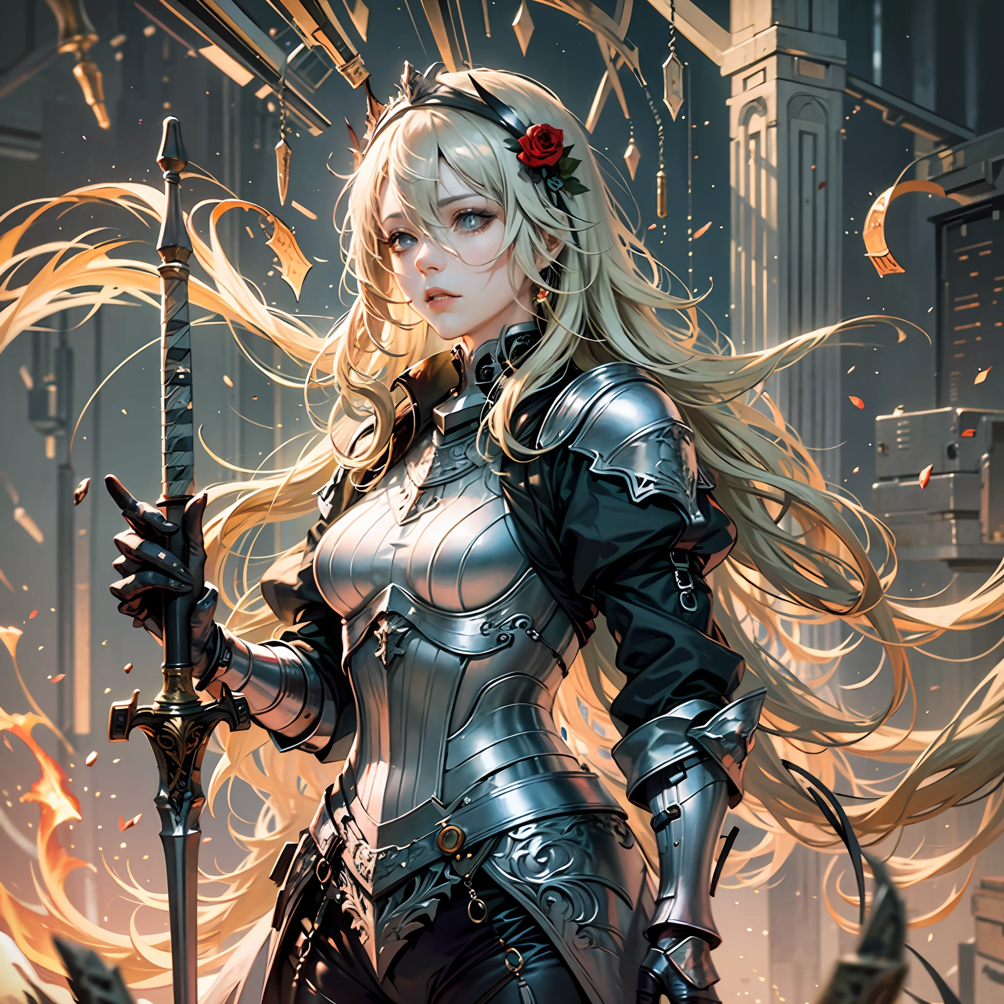 Jeanne Darke, in silver armor, stands in a circle of fire with a stern face, Rose in hand, sword in arm, There is a tiara on his head