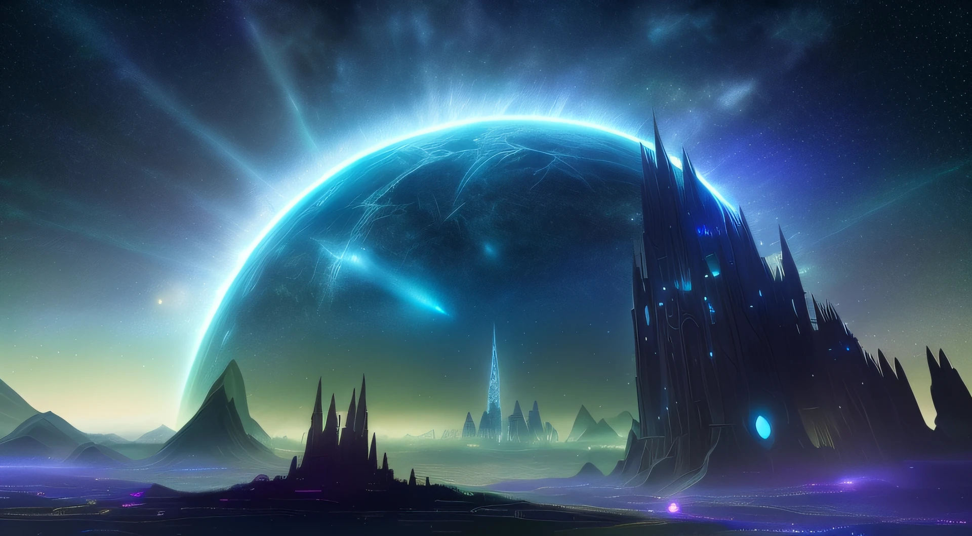 Starry sky and distant fantasy cities and planets with towers, epic fantasy sci fi illustration, fantasy planet, arstation and beeple highly, Fantasy space, fantasy scifi, epic scifi fantasy art, epic dreamlike fantasy landscape, ethereal starlit city at sunset, impressive fantasy landscape, Sci-fi fantasy wallpaper, epic beautiful space scifi, Fantasy Sci-Fi - Fantasy