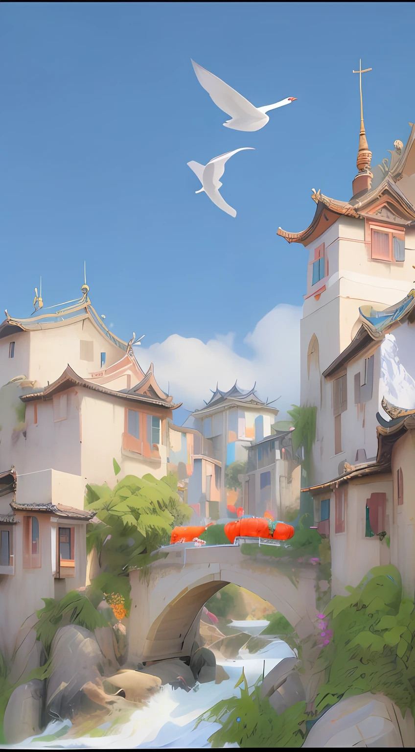Bridge close-up，A bird flies over it, G Liulian art style, arte de fundo, artwork in the style of z.Show on the. gu, Mobile game background, background artwork, Inspired by Yang Buzhi, dreamy Chinese towns, travel poster, inspired by Dong Yuan, scenery art detailed, gta chinatowon art style